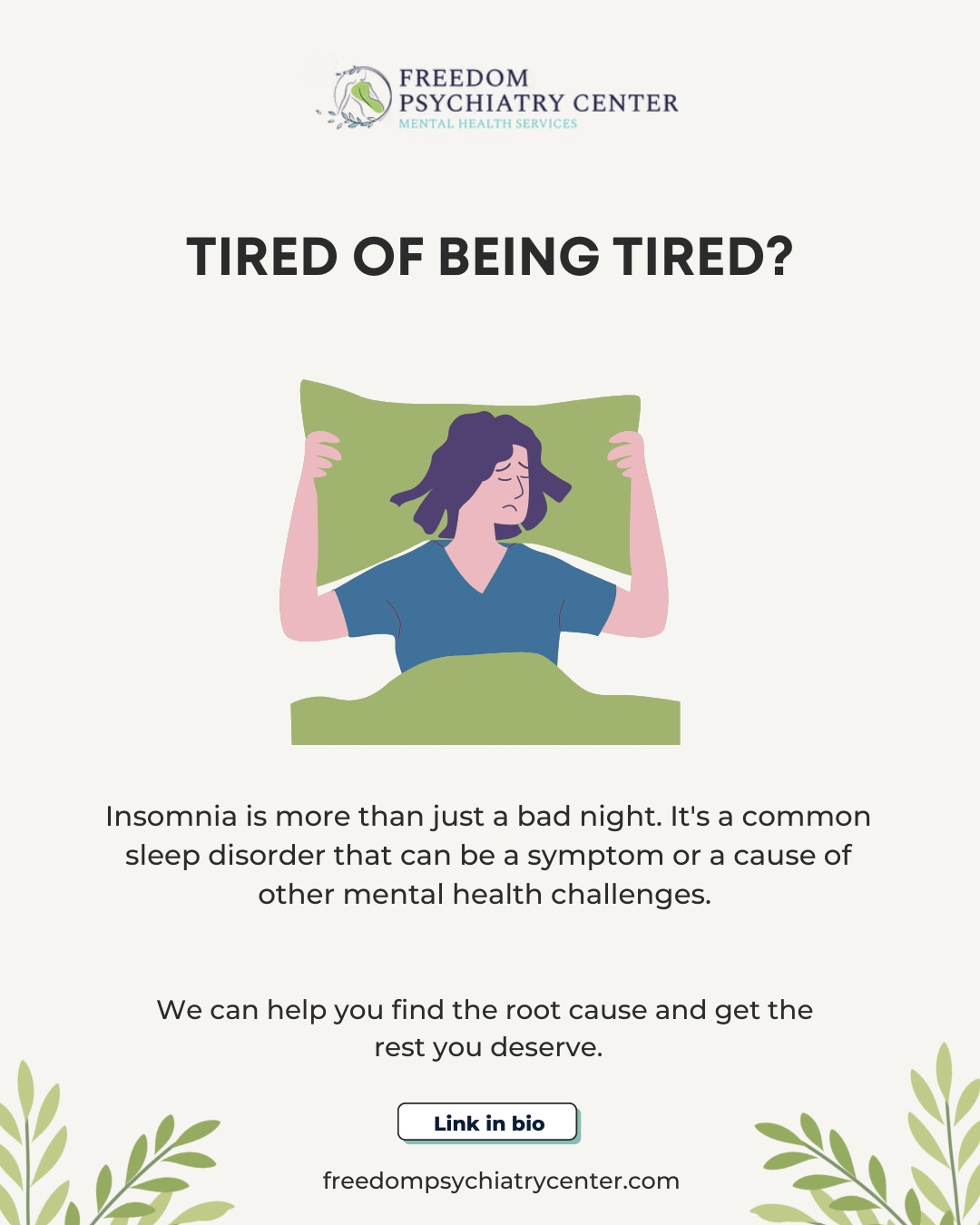 Frequent trouble falling asleep, staying asleep, or waking up too early can be signs of insomnia. Poor sleep doesn't just make you tired; it can impact every area of your life, including your mood and focus. The good news is that it's treatable, and often linked to other conditions like anxiety or depression.
#Insomnia #SleepHealth #MentalWellness #FreedomPsychiatry #MentalHealthSupport #AZHealth #RestAndRecover #HolisticHealth