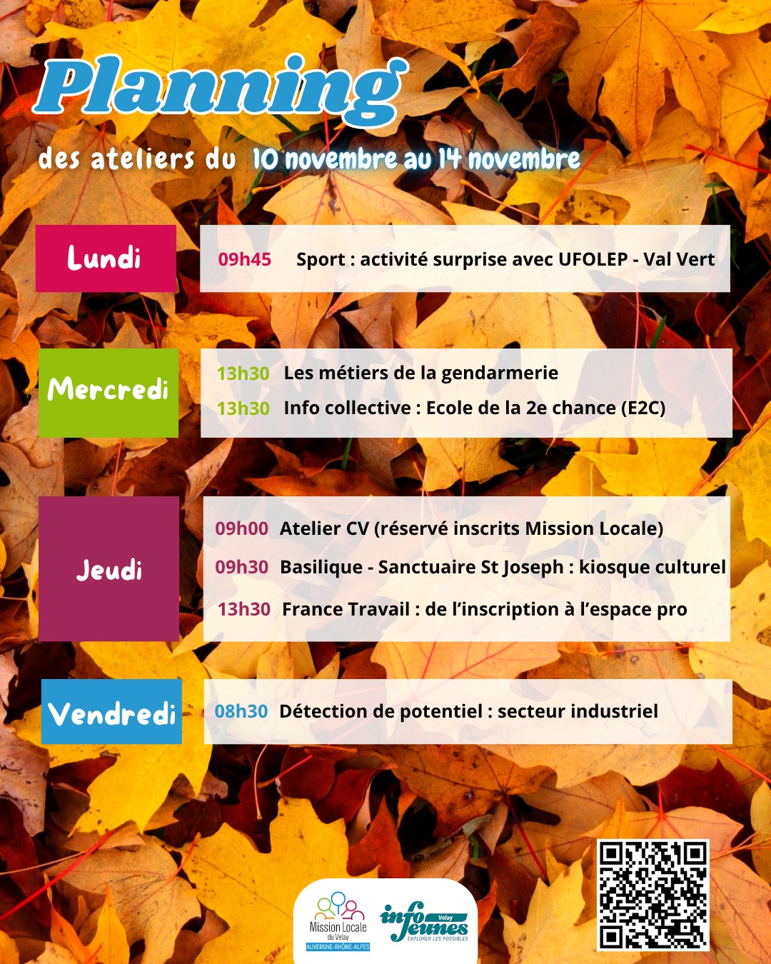 📅 Planning des ateliers de la semaine
Viens découvrir, apprendre, t’orienter… et surtout te préparer pour l’avenir
🚀
Voici les rendez-vous de la semaine !
🎯 Tous les ateliers sont gratuits, sur
inscription sur l'app Ma Mission Locale
👉 Tu veux en savoir plus ? Contactes ton
conseiller
📍 Mission Locale du Velay –Cité Négocia,
2 rue Pierret, 43000 Le Puy-en-Velay - 04.71.07.09.09
#missionlocale #ateliers #orientation #formation #emploi #lepuyenvelay #jeunes