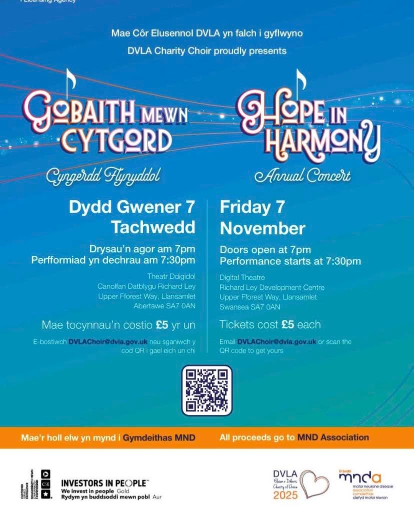 Donโt forget the Hope in Harmony DVLA choir concert tonight in aid of MND!
Tickets ยฃ5 and doors open at 7pm! Set to be a lovely evening ๐ถ