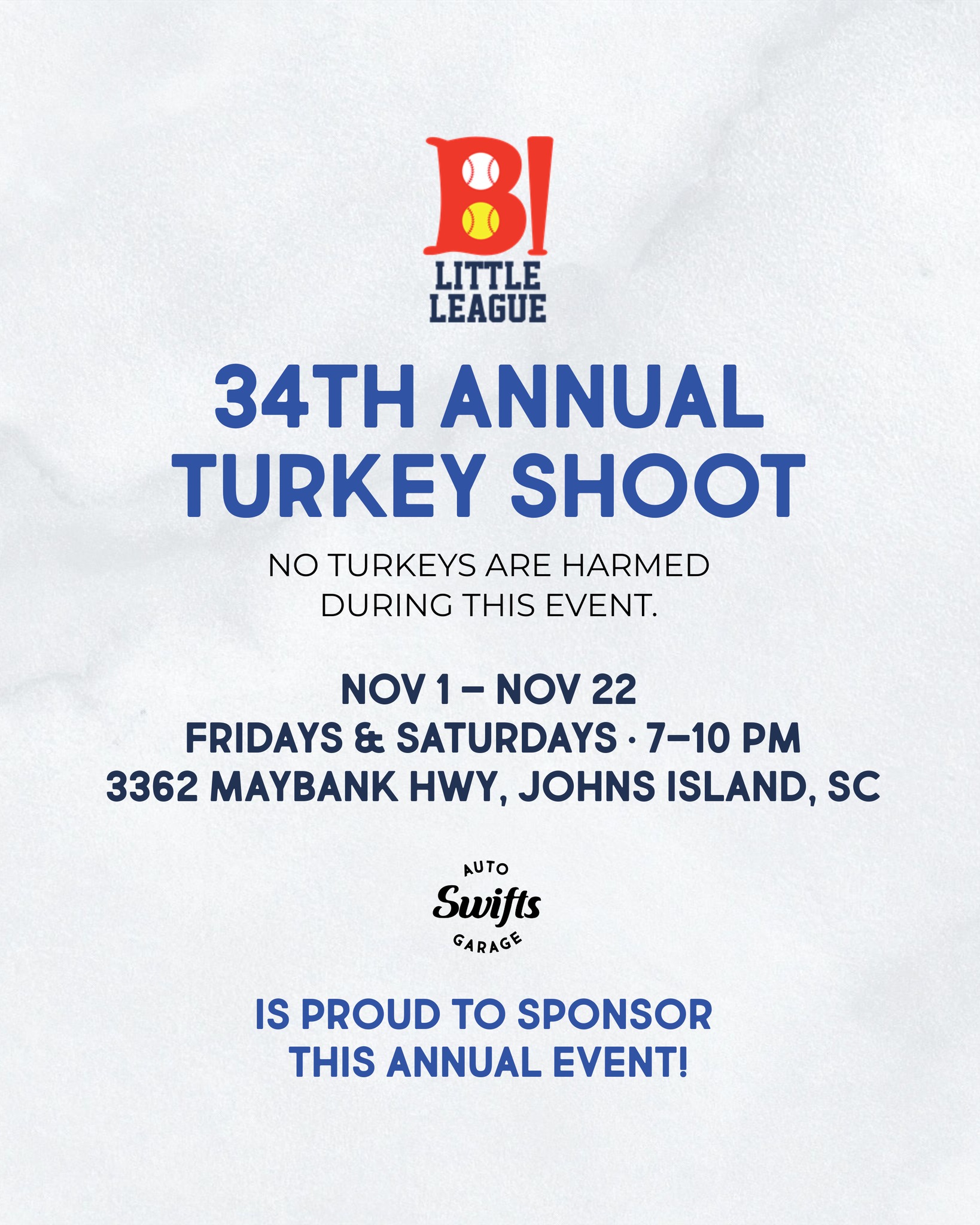 💙 Swifts is proud to sponsor the 34th Annual Turkey Shoot benefiting @barrierislandslittleleague! Every round helps fund equipment and field maintenance for next season. See you Friday & Saturday nights throughout November!
Nov 1–22 • Fri & Sat • 7–10 pm • 3362 Maybank Hwy, Johns Island
#swiftsgarage #proudsponsor #barrierislandlittleleague #johnsislandsc