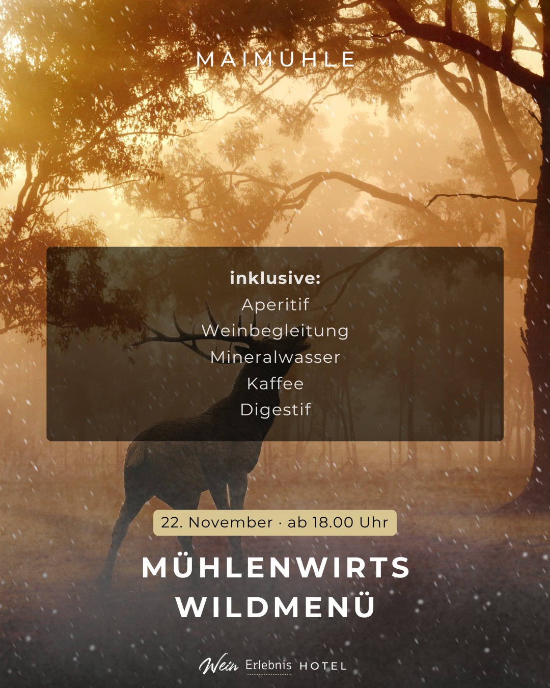 🍂 Mühlenwirt’s Wildmenü – 22. November ab 18 Uhr 🍷
Aperitif · Weinbegleitung · Mineralwasser · Kaffee · Digestif – alles inklusive!
Freu dich auf ein herbstliches Menü rund ums Thema Wild – perfekt abgestimmt mit feinen Weinen.
Preis pro Person: 99.00 €
👉 Reservierung empfohlen – die Plätze sind begrenzt!
https://www.maimuehle.de/tisch-reservieren