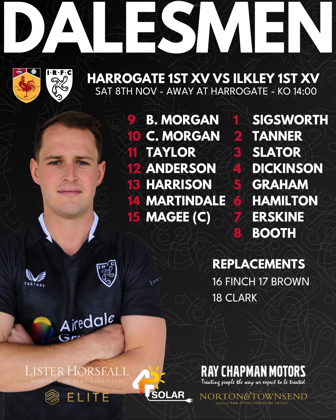 Here are your Dalesmen for this weekend!
The 1st XV travel to Harrogate for their derby, with kick-off now at 14:00.
Back at Stacks Field, the 2nd XV host Sheffield Tigers, while the 3rd XV head to Ripon looking to build on their recent win.
Please note that the kick offs have been updated, the 1st XV now kick off at 14:00 and the 2nd and 3rd matches kick off 14:15.
Listen in to @drystone_radio with Dobby for 1st XV live commentary on 102-103.5fm or online at drystoneradio.com
Saturday 8th November
Harrogate 1st XV vs Ilkley 1st XV - Away at Harrogate - League - KO 14:00
Ilkley 2nd XV vs Sheffield Tigers 2nd XV - Home at Ilkley - League - KO 14:15
Ripon 2nd XV vs Ilkley 3rd XV - Away at Ripon - League - KO 14:15
#uptheilk #irfc #ilkley #100percentilk #COYD #rugby #ilkleyrugbyclub #ilkleyrugby
