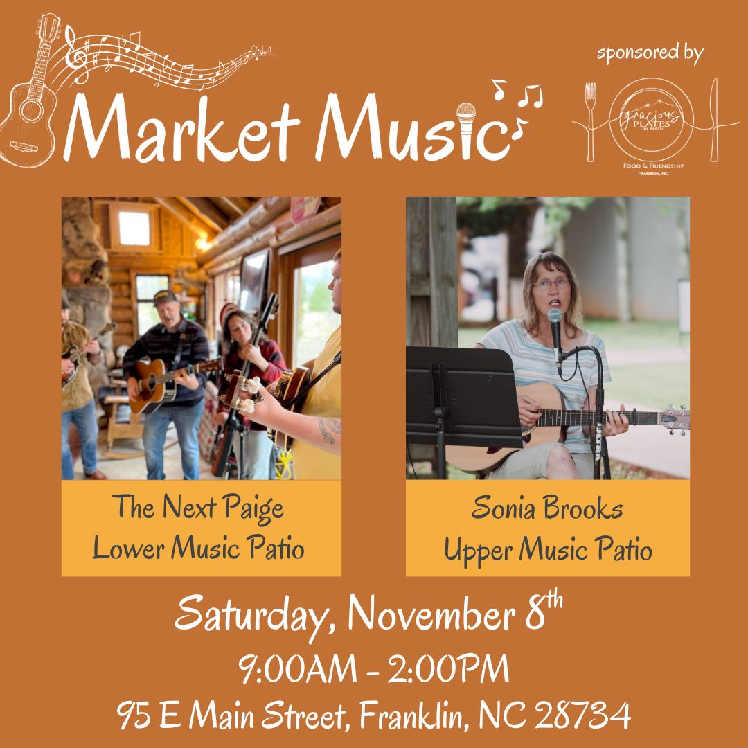 It’s a Bluegrass Saturday at the Macon County Farmers Market and you don’t want to miss it 🎻🍂
As the season winds down, we’re bringing extra warmth and rhythm to your market stroll with live music on both patios this weekend.
🎶 The Next Paige will bring the bluegrass energy to the Lower Music Patio
🎤 Sonia Brooks will fill the Upper Music Patio with heartfelt acoustic tunes
Come enjoy great music, fresh local goods, and the perfect fall atmosphere this Saturday.
📍 95 E Main Street Franklin NC
🗓️ Saturday November 8
⏰ 9 AM to 2 PM
#MaconCountyFarmersMarket #BluegrassSaturday #TheNextPaige #LiveLocalMusic #FranklinNC #FallMarketVibes #SupportLocalMusic #farmersmarketfranklinnc #wncfarmtotable #appalachianproduce #appalachianfarm #maconcountyfarmersmarket #franklinncchamber #franklinnc #franklinncfarmersmarket #experiencefranklinnc