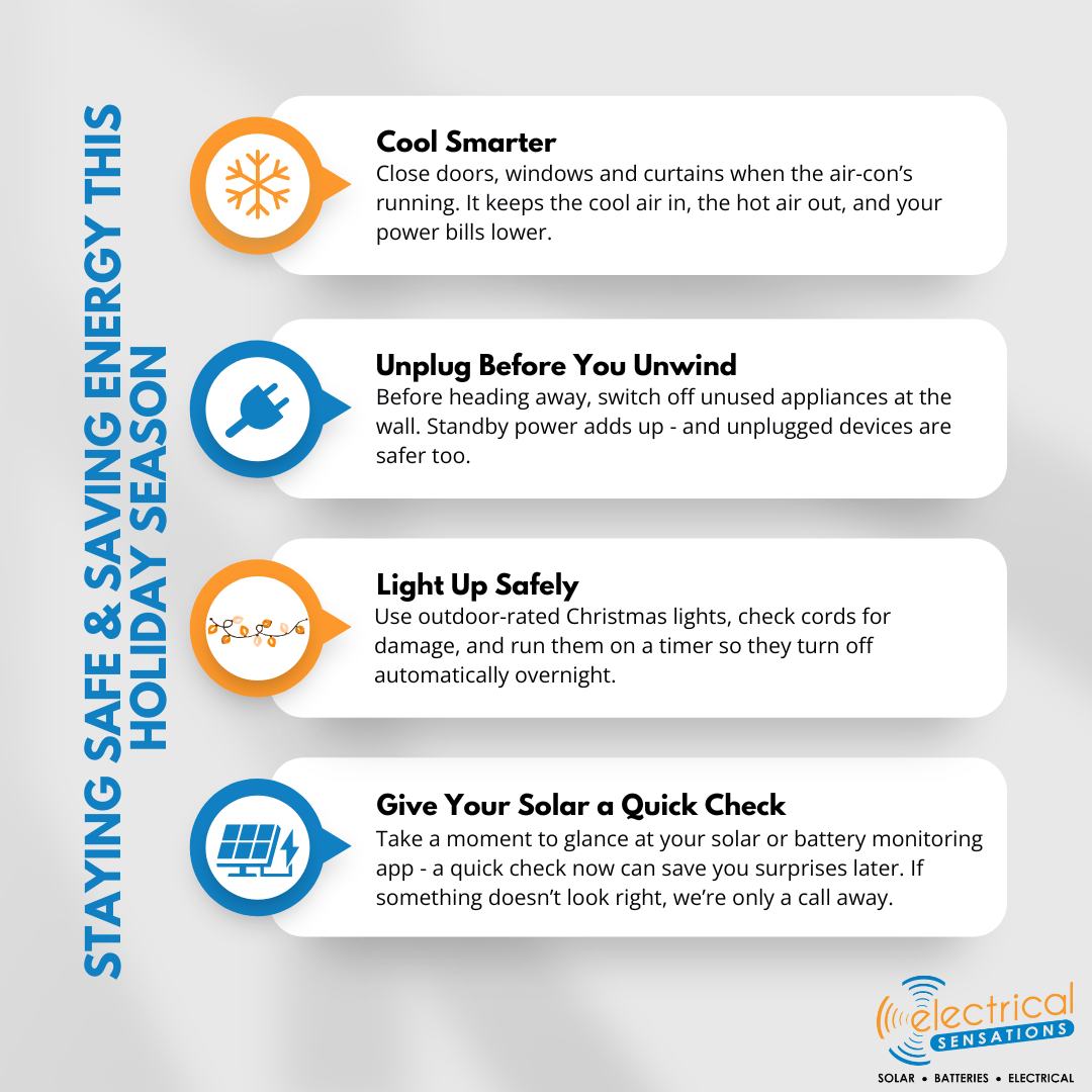Stay Safe & Save Energy This Christmas 🌞
As the holidays roll around, here are four simple ways to keep your home safe, efficient, and stress-free 👇