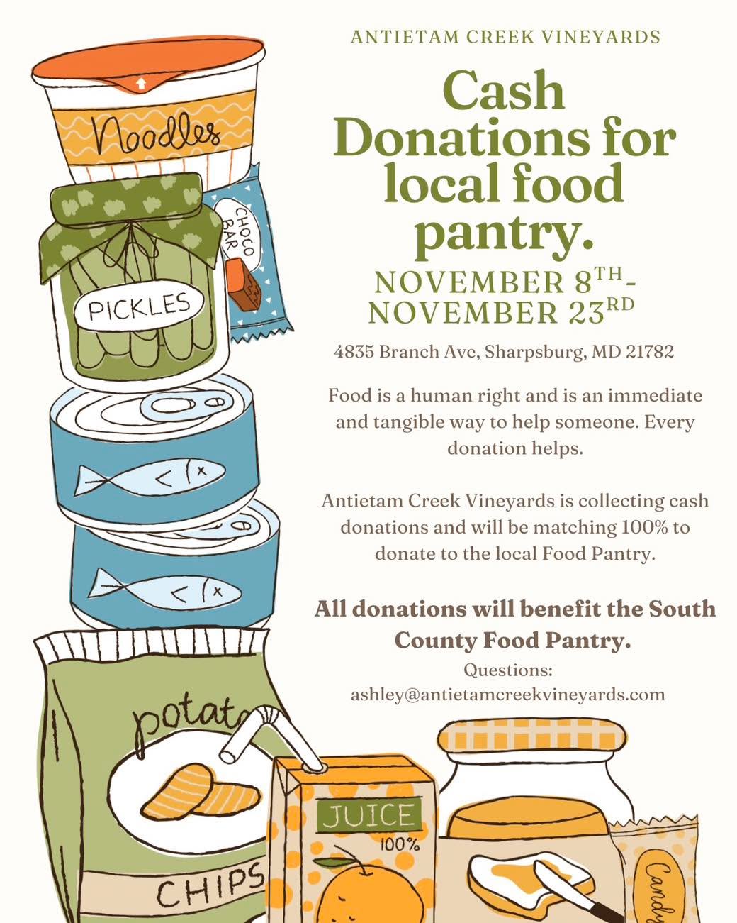 From now until the close of the season, we will be matching all cash donations donated at ACV to The South County Food Pantry. No human deserves to go hungry.
“Maryland is one the wealthiest states in the nation based on per capita income, yet more than 1 in 10 households, live in poverty and struggle against hunger. Food insecurity means that children go to school with empty stomachs, that parents, grandparents, and other caregivers skip meals so that children can eat.
While 12.4% of children under 18 in Maryland are considered to be living in poverty, that rate is higher for Washington County at 18.7% of children living in poverty.
The South County Food Pantry is a nonprofit serving approximately 150-200 people each month in southern Washington County, Maryland, including Boonsboro, Keedysville, Pleasant Valley, Sandy Hook, Sharpsburg and part of Greenbrier.”
Visit https://southcountyfoodpantry.org for more ways that you can get involved.
#seasonofgiving #SeasonOfGiving #seasonofgiving🎁 #nochildhungry #nohumanhungry #food #pantry #foodpantry #FoodPantrySupport #foodpantrysupport #FoodPantryDrive #foodpantrydrive