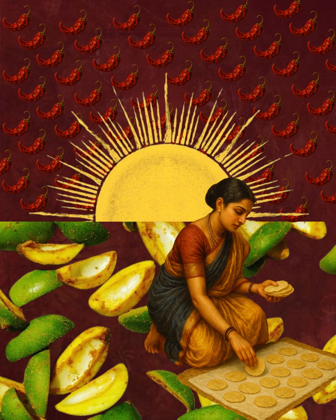 The Art of Sundrying
A summer chore. A quiet science. And, often, a full family affair.
Before the rains, rooftops and courtyards in Maharashtrian homes turn into open-air kitchens. Plates line up under the sun, layered with care. Nothing hurried. Nothing wasted.
Papads are rolled and left to curl.
Taakatli mirchi—green chillies soaked in buttermilk—dry into wrinkled little bursts of heat.
Saandge and vadyachi bhaji take shape—vegetables preserved in spice and sun.
Thin sheets of amba poli dry into chewy mango leather, sweet with memory.
It’s more than preservation. It’s preparation.
The sun does the cooking, and the recipes are passed down not in books, but in gestures—how thick to slice, when to turn, how long to wait.
What’s made in these months often shows up in a winter meal or on a monsoon day, tasting like a season remembered.
Sundrying. Food stretched across time, with just sun, salt, and quiet wisdom.
#alibaug #maharashtrianfood #culture #PaisleyExperience #art #seasonal