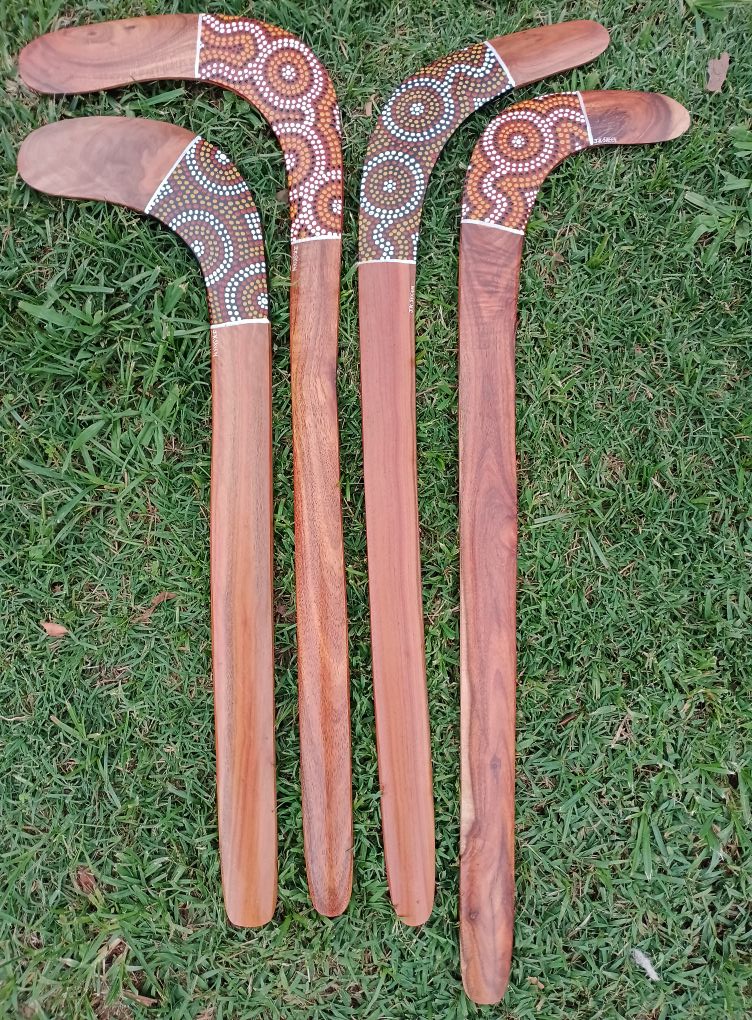 Here are some of my recently completed Black Wattle Hook Boomerangs, each piece boasting its own unique grain patterns which add to it's natural beauty. The third hook boomerang from the left is crafted from Bloodwood, which has a unique pinkness throughout the grain.