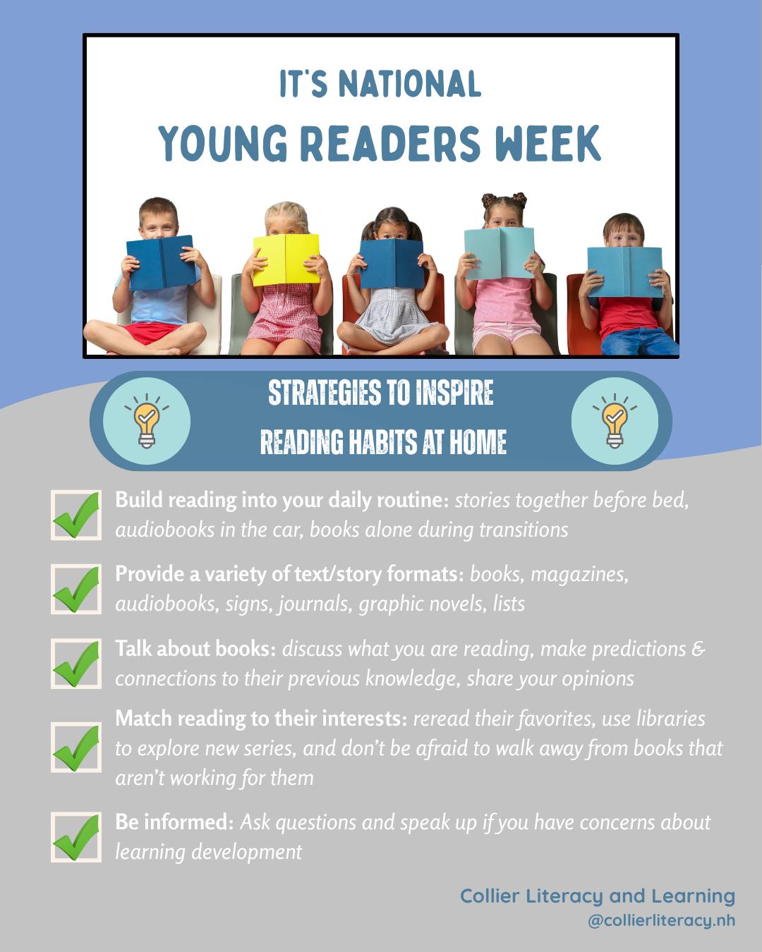 đ National Young Readers Week (Nov 10â14) is all about inspiring a lifelong love of reading! Literature boosts childrenâs language, creativity, and confidence. At Collier Literacy & Learning, we know every childâs reading journey is unique. This week, weâre sharing our favorite strategies to spark curiosity and enjoy books at home. đ
What reading traditions do you have in your home? đđŹ
#YoungReadersWeek #LiteracyMatters #CollierLiteracy
Happy National Young Readers Week!