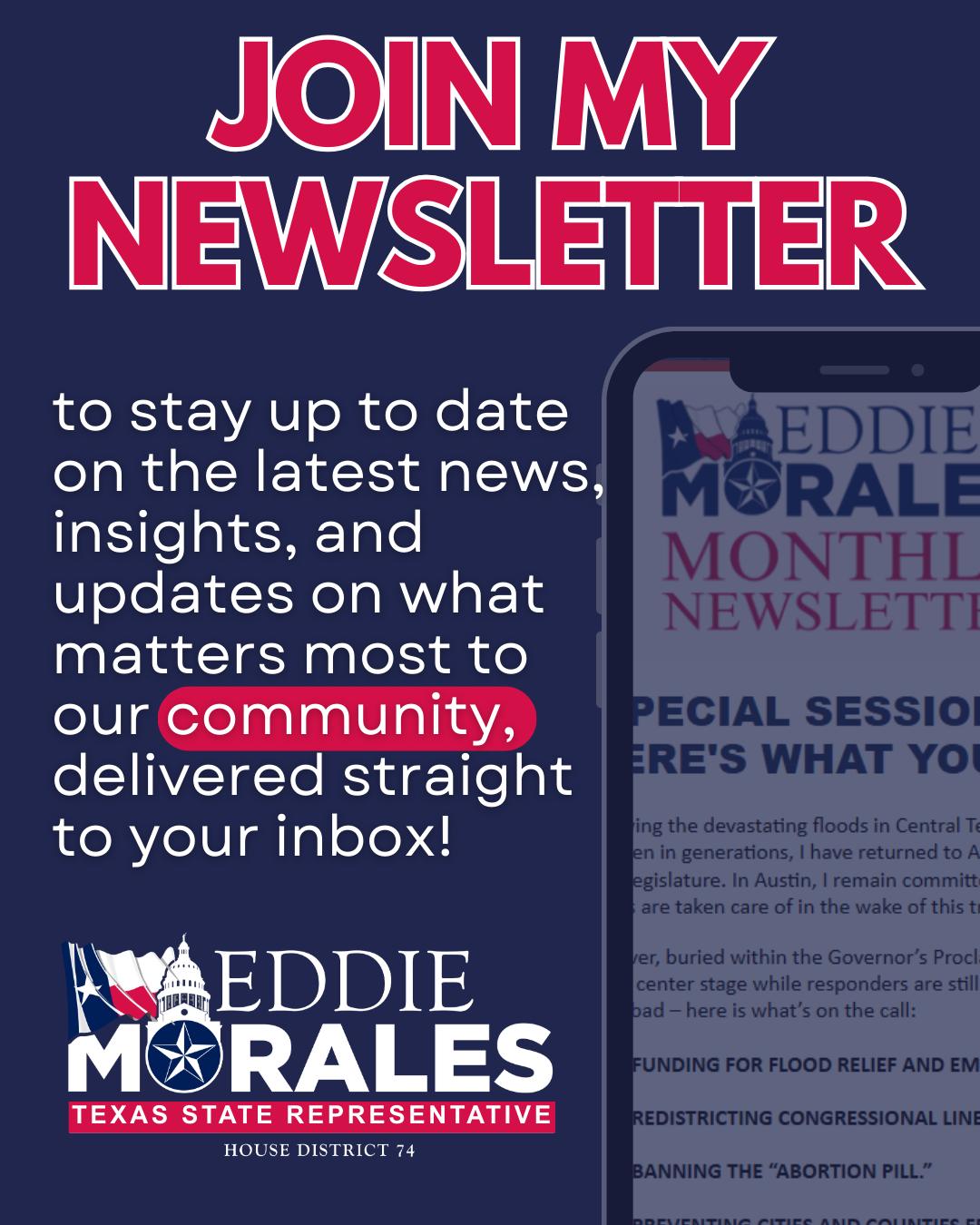 Stay informed and engaged! 📩
Subscribe to our monthly newsletter for more District 74 updates.
Sign up at: https://lp.constantcontactpages.com/.../moralesfortexas
#HouseDistrict74 #TexasProud #TXLege74 #MoralesForTexas #AVoiceForAll #Texas #HD74 #TXLege