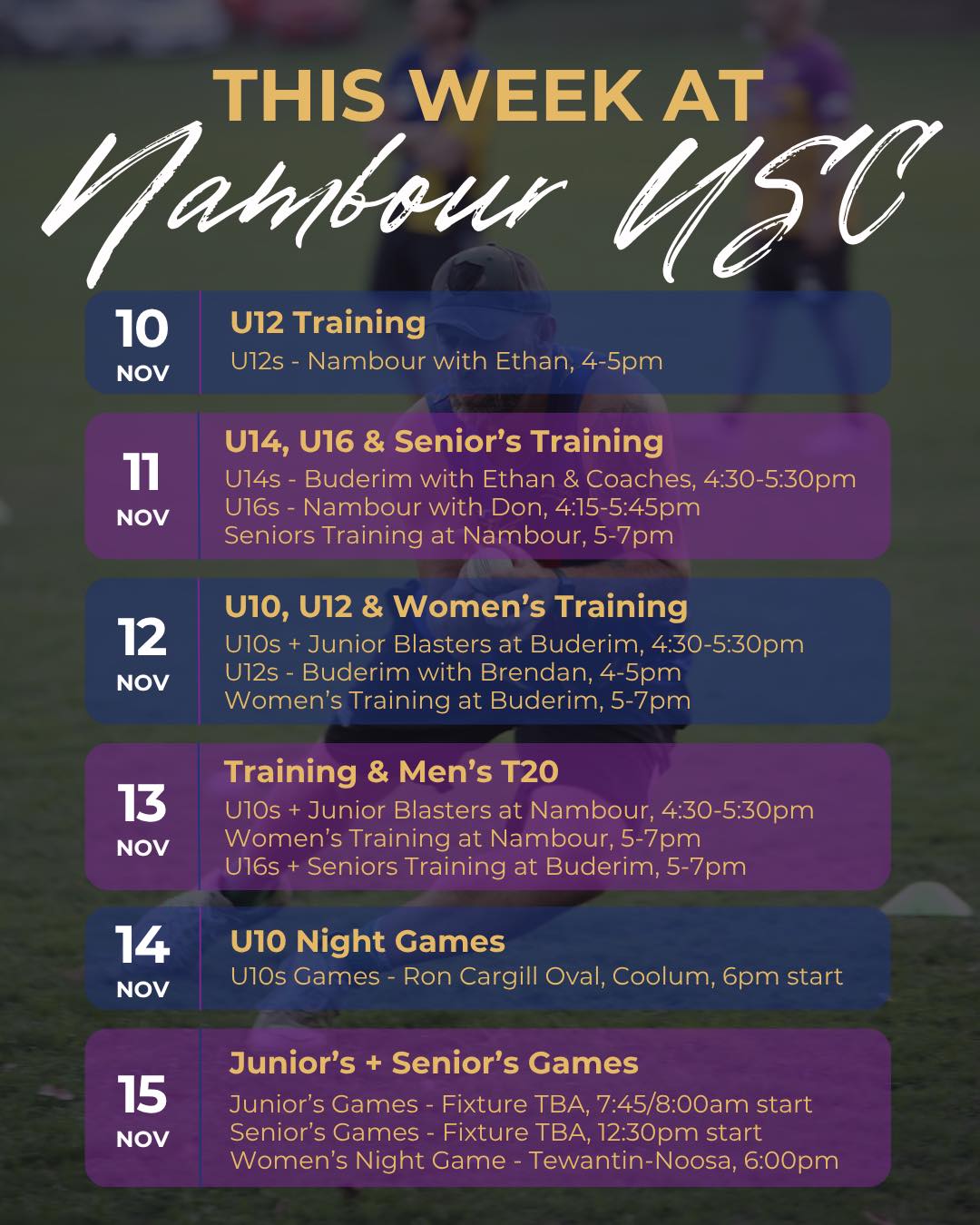 After another cricket-filled weekend, here’s what on this coming week at Nambour-USC 🏏
⚡️#strikersspirit