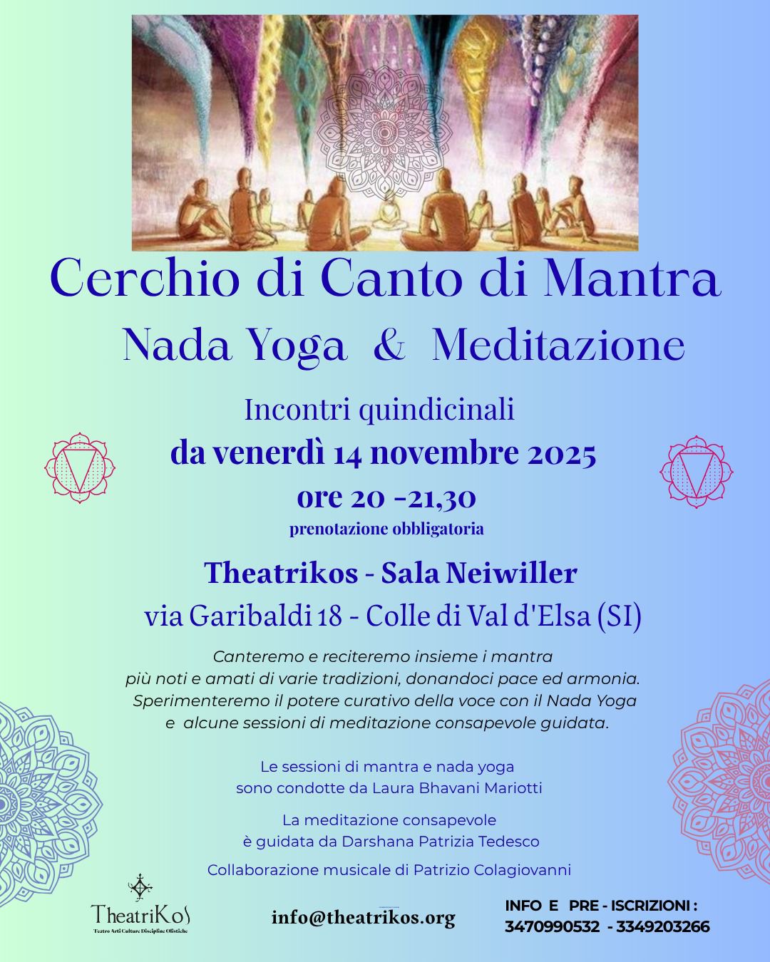 La presentazione è andata molto bene 😊
Quindi si parte venerdì 14 con questo ciclo ogni due settimane dove canteremo insieme i Mantra tradizionali e sperimenteremo il potere curativo della nostra voce con le tecniche del Nada Yoga !!
Gli incontri sono sempre aperti a tutti ed è possibile partecipare anche a ciclo avviato.
Vi aspettiamo ⭐
#cantitradizionali #musicaindiana #nadayoga #meditazioneguidata