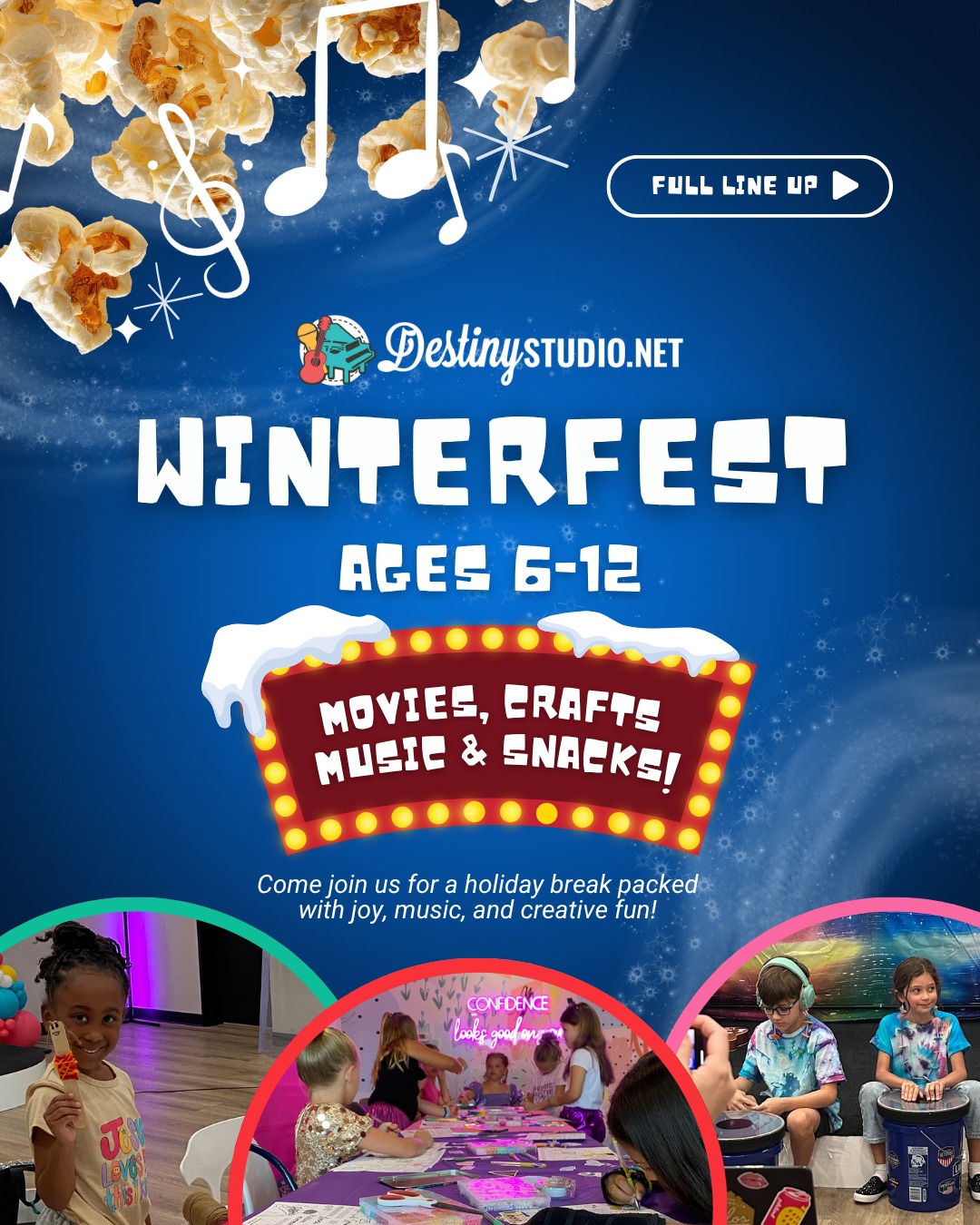 Winterfest is back! āļø
Beat cabin fever and keep the creativity flowing this thanksgiving and winter break with Destiny Studioās Winterfest Camps! Each day is packed with movie magic, themed crafts, and music thatāll keep your kids smiling from 9ā4! š¶
For Ages 6-12
šµ $75/day | $15 off for siblings
š¬ Movies ⢠šØ Crafts ⢠šµ Music
Comment to for the link to sign up!
#FortWorthTX #WeatherfordTX #FortWorthMoms #WeatherfordMoms #FortWorthMusicLessons #WeatherfordMusic #DFWMusic #TexasMusicSchool #MusicLessonsTexas #FortWorthKids
