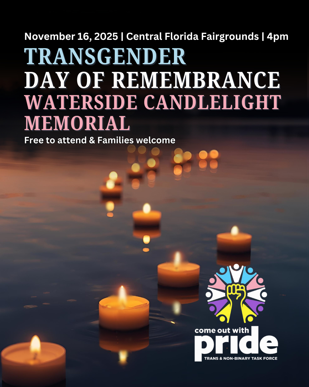 🕯️ Remember, Reflect, and Stand Together 🏳️⚧️
Waterside Candlelight TDOR Memorial | Sunday, Nov 16 | 4 PM
Bring your friends and chosen family to a welcoming lakeside space. Join us to honor lives lost to violence, connect with the community, and shine a light on hope and solidarity. 💜
Rain or shine, we’ll be gathering safely.
RSVP ➡️ https://www.eventeny.com/.../2025-trans-day-of...
#RePost @comeoutwithpride
