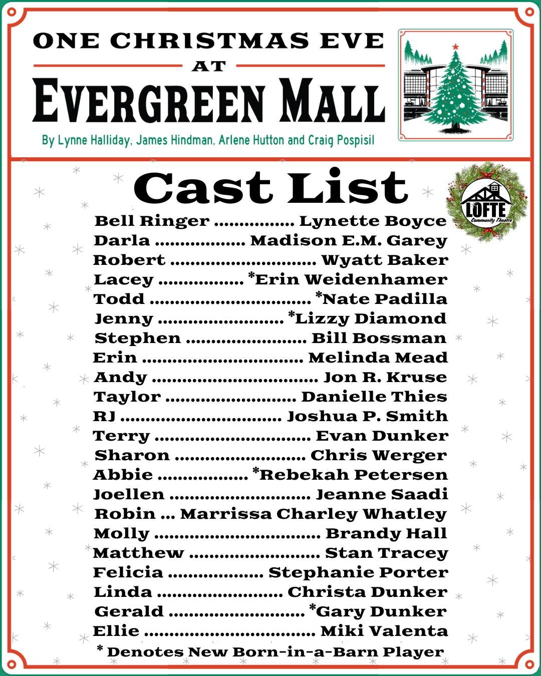 We are excited to share our cast list for One Christmas Eve at Evergreen Mall! This group of folks has been preparing for Christmas since September, and they can't wait to share these stories with you. Our cast includes five newcomers to the Lofte stage, as well as 17 returning faces, some of whom we've even seen this season! Get tickets now because this cozy show will be one you don't want to miss. Performances are December 6, 7, 12, 13, 14, 18, 19, 20, & 21. Get tickets at lofte.org/tickets or call the box office at 402-234-2553. Shows start at 7:00 on Thursdays, Fridays, and Saturdays, and 2:00 on Sundays. The concession stand will open 1 hour before the show starts, and the house will be open for seating at this time as well.
More about One Christmas Eve at Evergreen Mall: A diverse cast of characters navigate first meetings, second chances, and last-minute choices. From a lovesick mall Santa to an overeager mall cop, from a pair of brainy misfit teenagers to a pair of battling actors in a production of A Christmas Carol, a total of eight intertwined stories, all set in a Midwestern mall on the last day of shopping before the holiday. Experience the joys and sorrows of the season all in one festive package.
.
.
.
.
.
#Lofte #TheLofte #BornInABarn #LofteTheater #CommunityTheater #CommunityTheatre #Volunteer #Nebraska #CassCounty #Lincoln #Omaha #WeepingWater #Manley #theatre #theater #live #livetheater #livetheatre #Christmas2025 #OneChristmasEveAtEvergreenMall #ChristmasShow #holidayshow