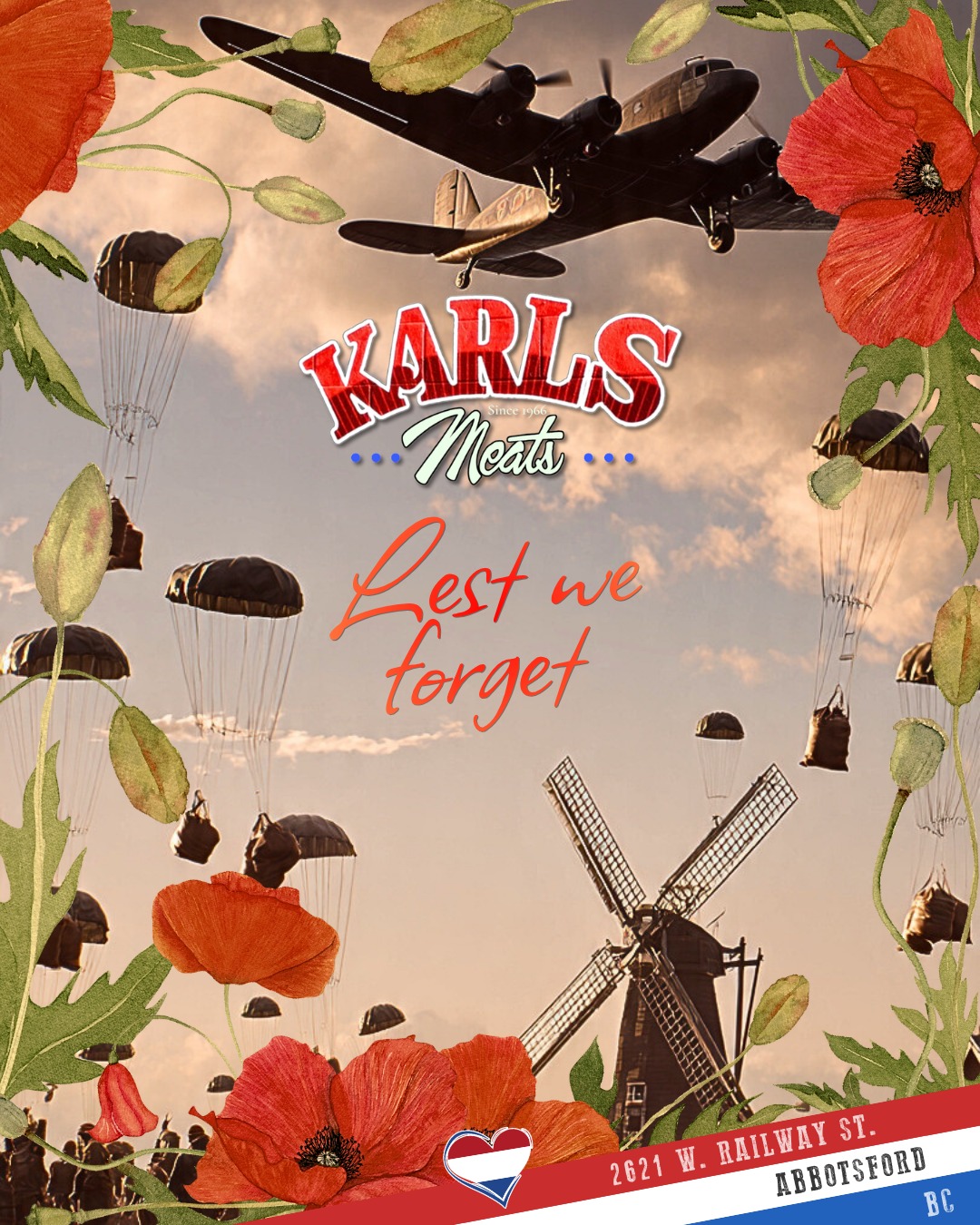 🌺 Lest We Forget — From Hunger to Hope 🇨🇦🇳🇱
Today, we pause to remember those who served and sacrificed for our freedom — and to honour a bond that forever links Canada and the Netherlands.
In the final days of World War II, during the brutal “Hongerwinter” (Hunger Winter) of 1944–45, countless Dutch families faced starvation. Then came hope — Canadian relief planes soaring across the skies, dropping sacks of flour, tins of meat, milk powder, and chocolate to the starving cities below.
That act of compassion became known as “Liberation Food”, a symbol of survival and friendship that endures to this day. 🇨🇦❤️🇳🇱
At Karl’s Meats, we remember not only the soldiers who fought — but the farmers, families, and communities who rebuilt life through food, generosity, and gratitude.
🕊️ Today, we remember. We give thanks. And we never forget.
📍 2621 W. Railway St, Abbotsford
📞 (604) 859-9011
#LestWeForget #RemembranceDay #CanadaRemembers #DutchHeritage #KarlsMeats #Abbotsford #SupportLocal #LiberationFood #Hongerwinter #CanadianForces #FreedomThroughFriendship #SmakelijkEten