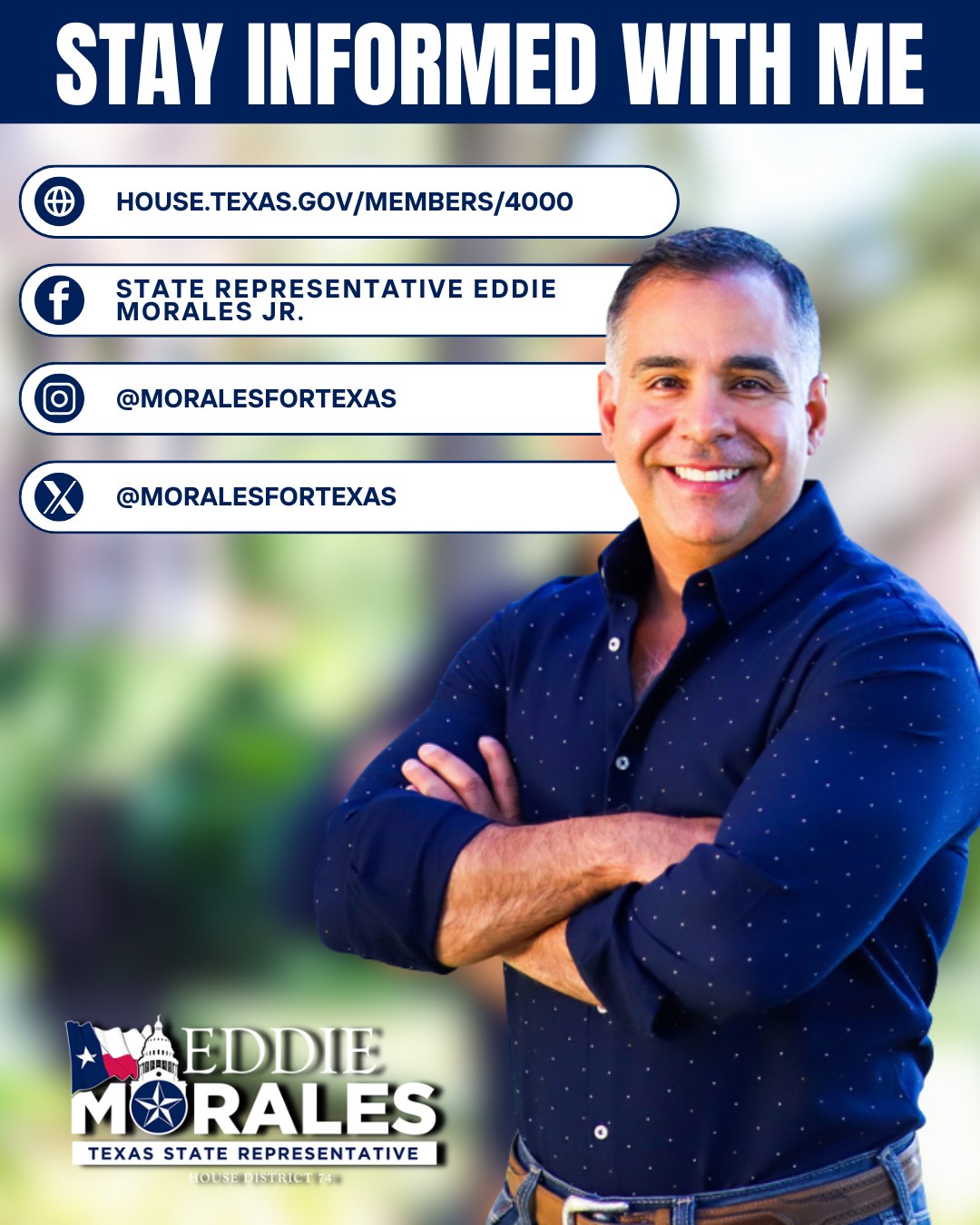 Want to stay informed about community updates, resources, and the work we’re doing throughout District 74?
Follow us here to stay connected and never miss an update!
#TexasLeadership #TexasProud #TXLege74 #MoralesForTexas #AVoiceForAll #Texas #HD74 #TXLege