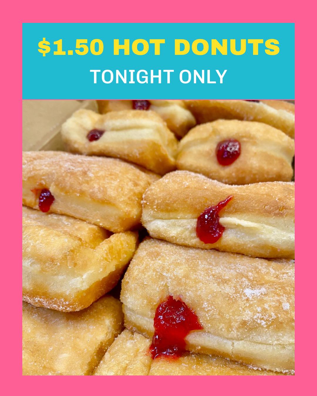 ‼️ HAPPENING NOW: $1.50 HOT DONUTS YOU DON’T WANT TO MISS
🥶 BRRRR it’s cold in here, I need some hot donuts in my atmosphere!
$1.50 hot donuts are on sale tonight!!
Choose from jam and/or Italian (no filling, dusted in cinnamon sugar), top up $5 to change any number of donuts to Nutella. Minimum 10 donuts per order.
On sale now to 9pm or until sold out. Get them quick before they’re all gone! 💨
Valid for phone and walk-in orders only. Please mention this post to redeem.
🩵🩷,
The Dough Machine team
📞 03 9727 0031
📍 4/61 Brice Ave, Mooroolbark
👉🏻 www.doughmachine.com.a