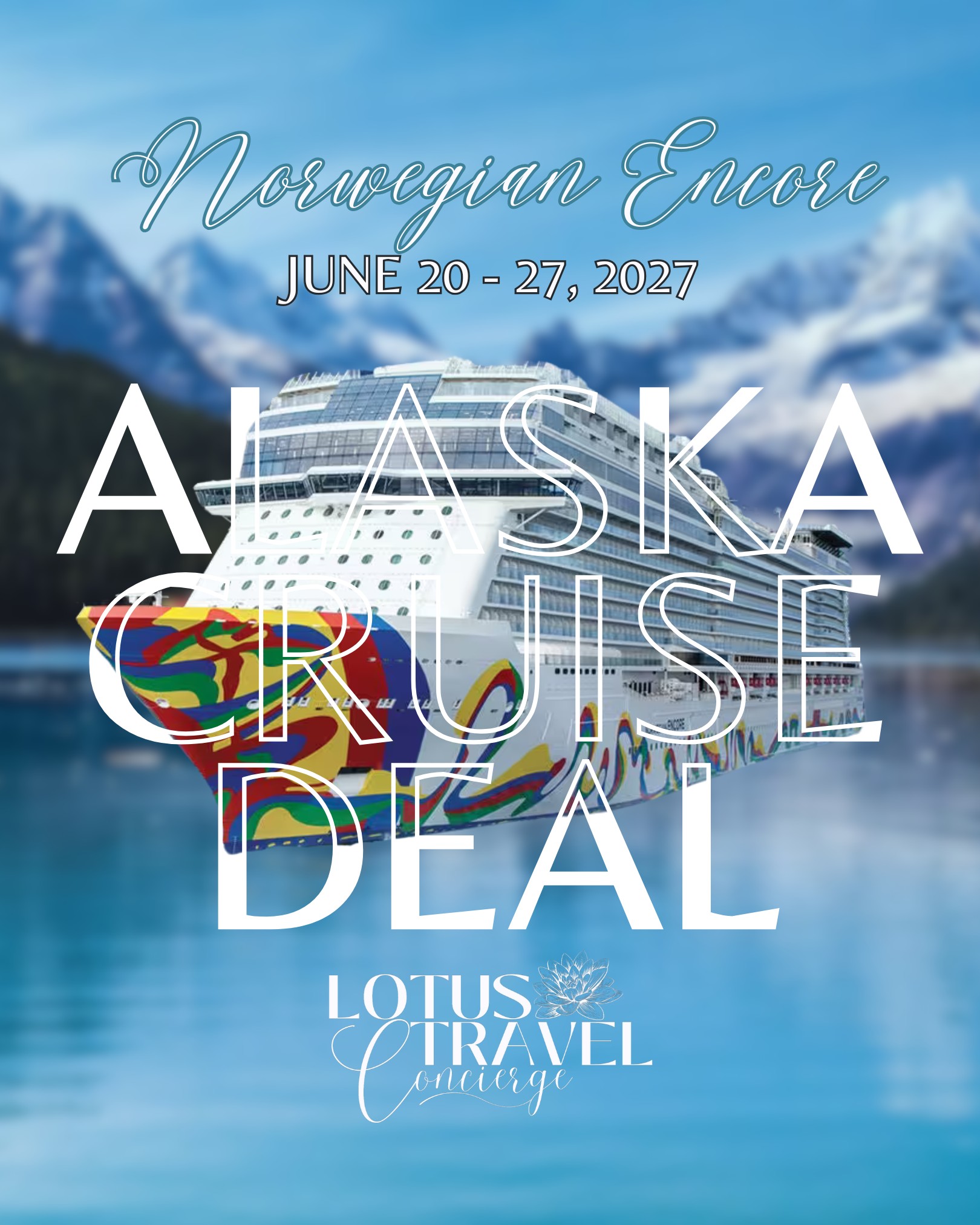 It’s not too early to plan your 2027 Alaska cruise.
Sail June 20–27, 2027, aboard the Norwegian Encore and experience breathtaking glaciers, stunning scenery, and the rugged beauty of the Last Frontier. Enjoy inclusive dining, drinks, Wi-Fi, and gratuities! Everything you need for a seamless vacation at sea.
Secure your spot early for the best cabin choices and pricing. Contact me to learn more about this unforgettable Alaska sailing.