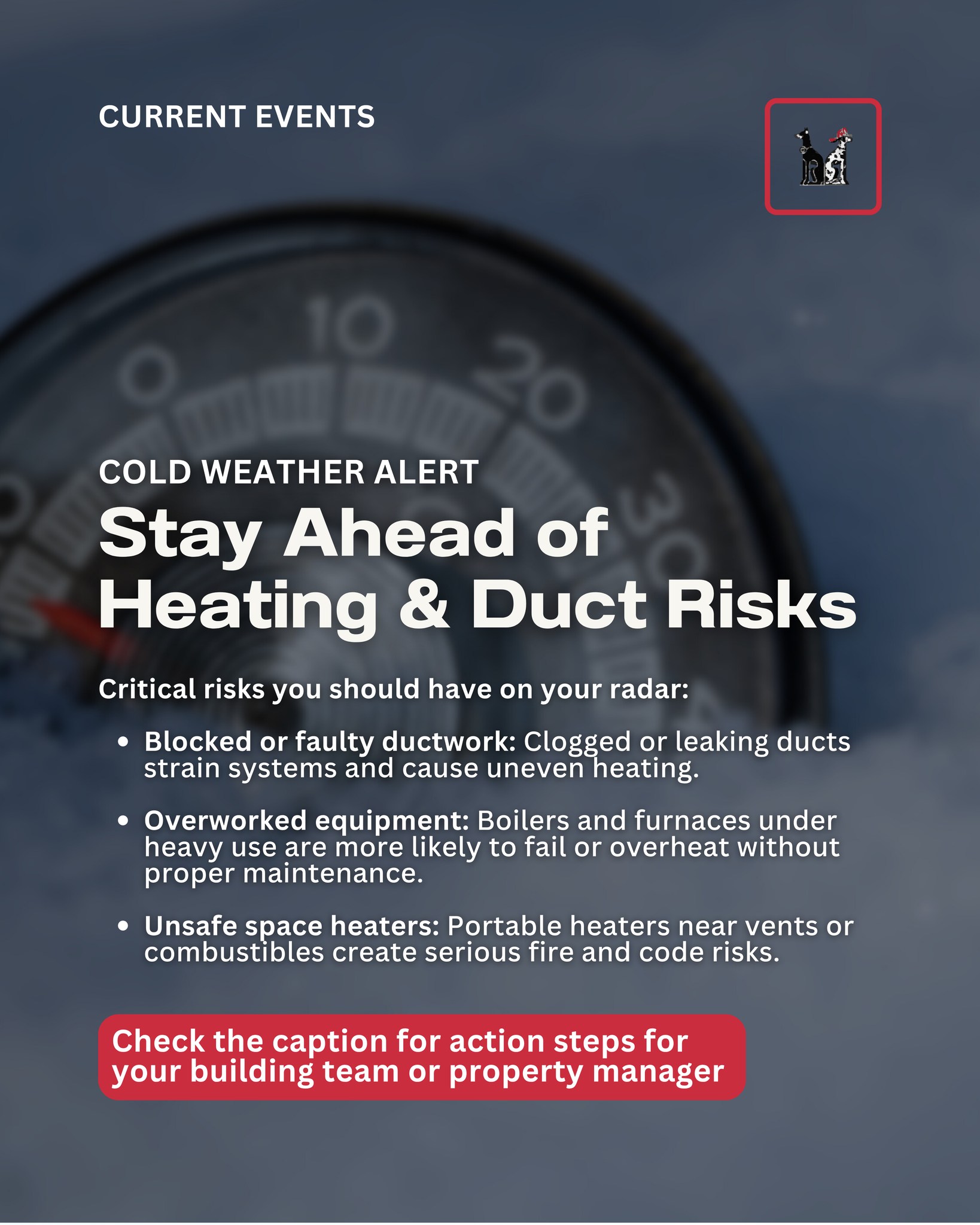 As the East Coast from Florida up through the Northeast experiences a sharp drop in temperatures, itās more important than ever to ensure the heating and duct systems in your buildings are in top shape.
ā”ļø Action steps for your building team or property manager:
1. Schedule a duct & HVAC inspection now ā check for leaks, blockages, seals, and proper airflow.
2. Ensure the heating system is cleaned, vents are clear, and filters changed so it can cope with the cold demand.
3. Remind tenants or staff about safe use of supplemental heaters: keep them away from duct vents, combustible surfaces, and ensure theyāre plugged directly into wall outlets.
4. Review your fire & life-safety documentation: Are the inspection & testing records for the duct/heating equipment up to date? Are you compliant with code for commercial/multifamily systems?
5. Communicate with your clients/residents: Let them know youāre proactively monitoring the systems, so they understand youāre protecting both comfort and safety.