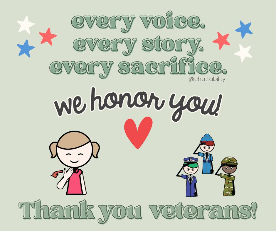 For helping our kids play, grow, and thrive in freedom.
Every Voice. Every Story. Every Sacrifice.
Thank you, Veterans 💙
#chattability #VeteransDay #communicationskills #neurodiversity #inclusionmatters #EveryVoiceMatters #thankyouforyourservice #education #BCBA #SLP #ABA #childdevelopment