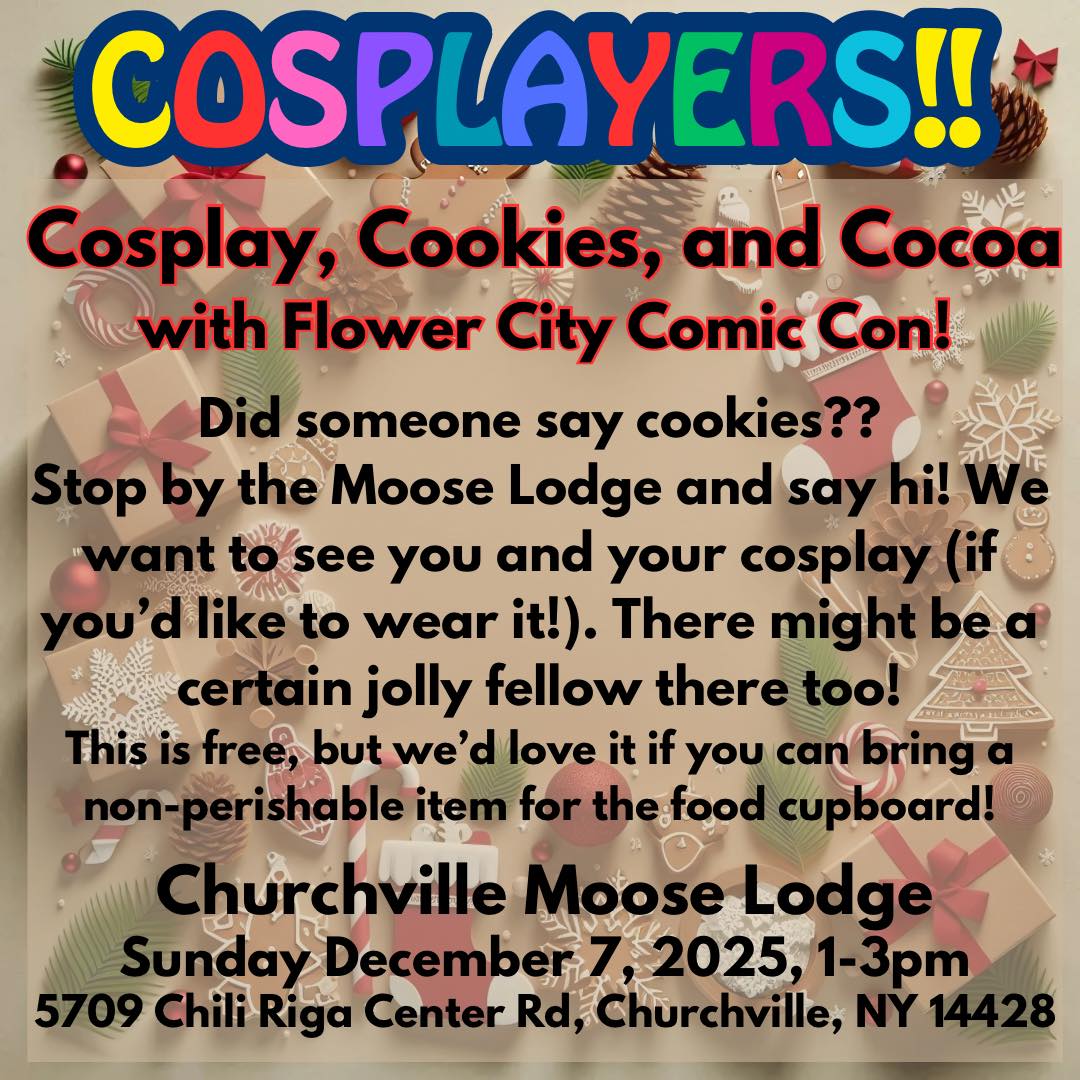 Cookies?? Cosplay?? Cocoa?? Can you possibly get all three at once? As we move into the holiday season, we wanted to have a time to meet up with everyone and have a little fun! This free, but if you have a non perishable item to donate it would be appreciated! There is a jolly fellow who’s supposed to make an appearance, which would make a great photo op! Can’t wait to see everyone! #cosplay #cookies #santa