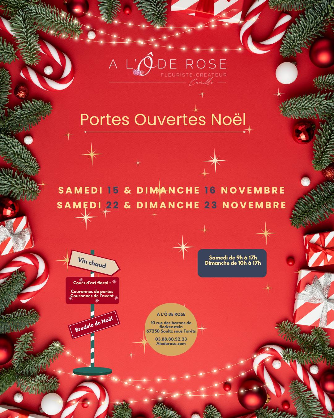 🎄✨ PORTES OUVERTES DE NOËL — A L’Ô DE ROSE ✨🎄
Vous me l’avez réclamée…
J’ai longtemps hésité…
Mais en dernière minute, j’ai décidé de me lancer ce défi un peu fou 🎅
Cette année, je suis seule (ou presque 😅), donc le timing est serré… mais la magie de Noël, elle, sera bien là ! 🌟
🗓 Les 15-16 et 22-23 novembre
📍 A L’Ô DE ROSE – 10 rue des barons de Fleckenstein, Soultz-sous-Forêts
🍷 Vin chaud
🌿 Cours d’art floral
(Couronnes de portes & de l’avent )
🍪 Bredele de Noël
⏰ Samedi de 9h à 17h
⏰ Dimanche de 10h à 17h
Je compte vraiment sur vous pour partager un maximum 🙏
Faites passer le mot, invitez vos proches, et venez plonger dans l’ambiance de Noël avec moi ✨
#ALodeRose #Noël2025 #PortesOuvertes #Fleuriste #Alsace #MarchéDeNoël #ArtFloral #CouronneDeNoël #FaitMainAvecAmour
