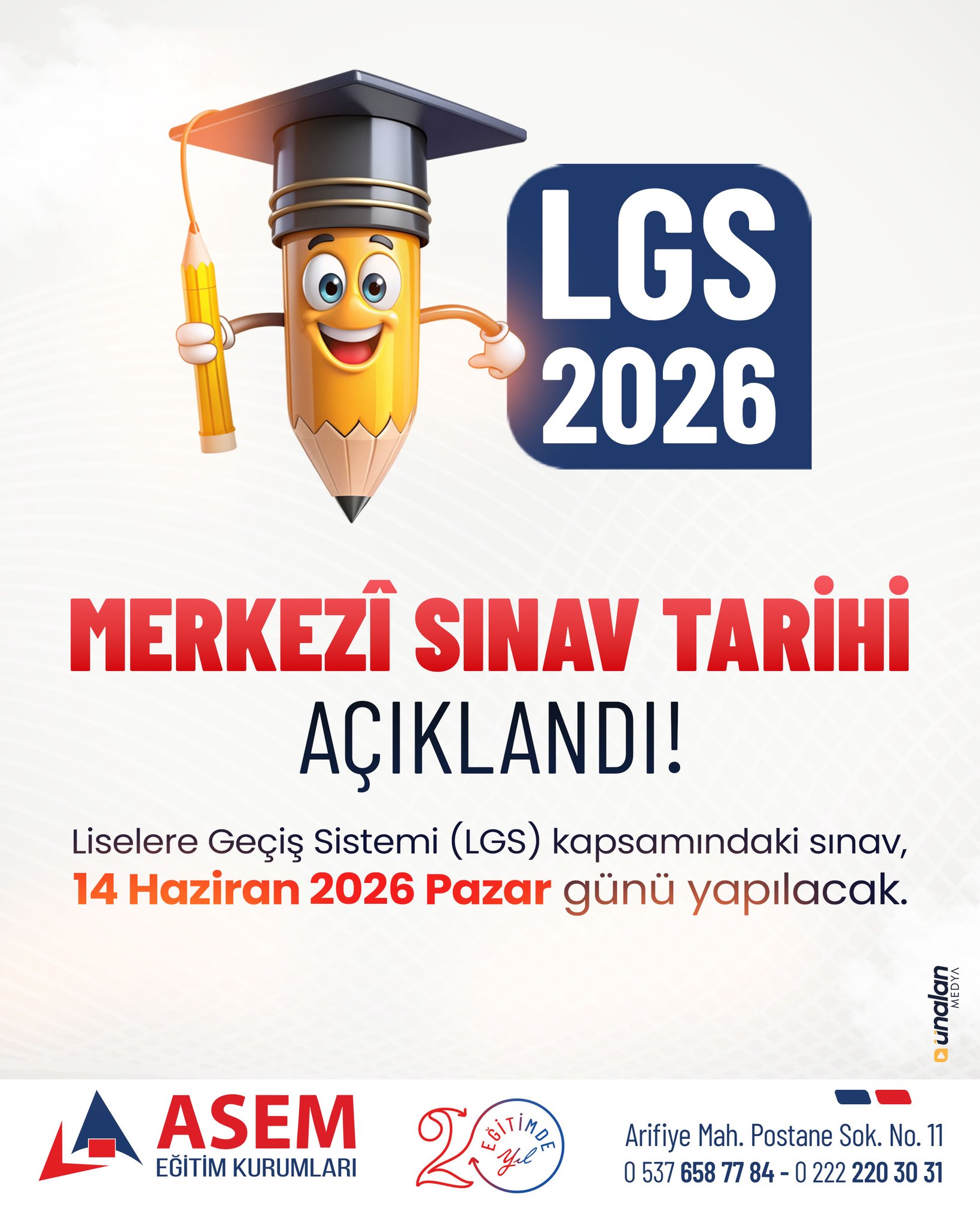 📢 LGS 2026 Merkezi Sınav Tarihi Açıklandı!
Liseye geçiş heyecanı yaşayan öğrenciler için takvim belli oldu.
🗓️ Sınav, 14 Haziran 2026 Pazar günü yapılacak.
Yeni hedefler, yeni başarılar için geri sayım başladı! 💪✏️