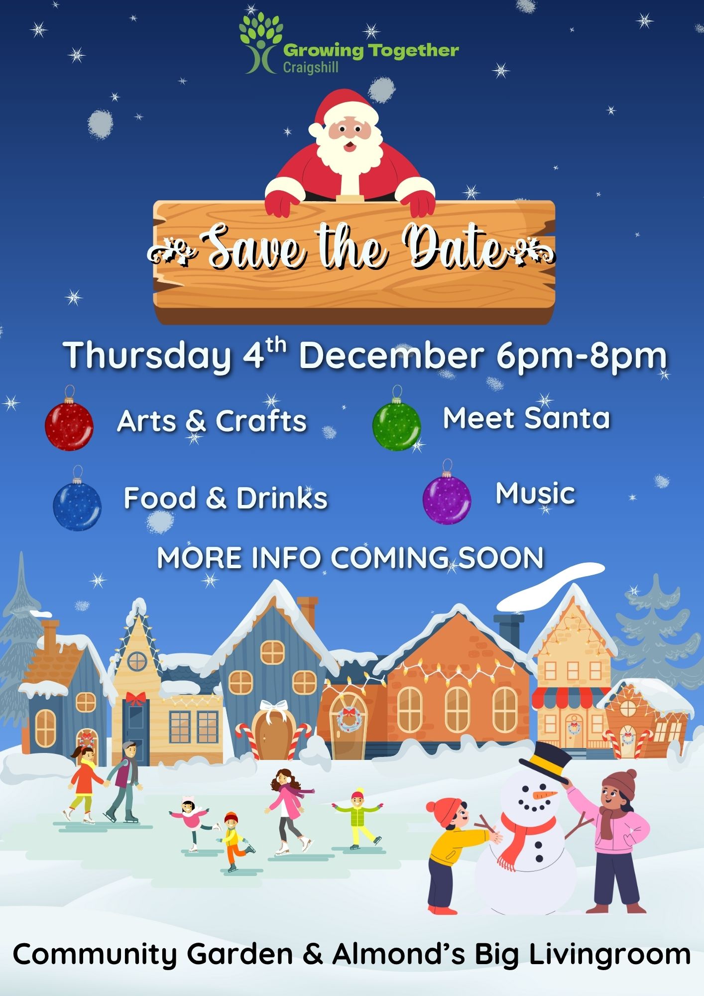 🎄SAVE THE DATE 🎄
Christmas Event at the Community Garden & Almond's Big Livingroom Thursday 4th December 6pm-8pm
🎁 Arts & Crafts
🎅 Meet Santa
🌲 Food & Drinks
☃️ Music
MORE INFO COMING SOON