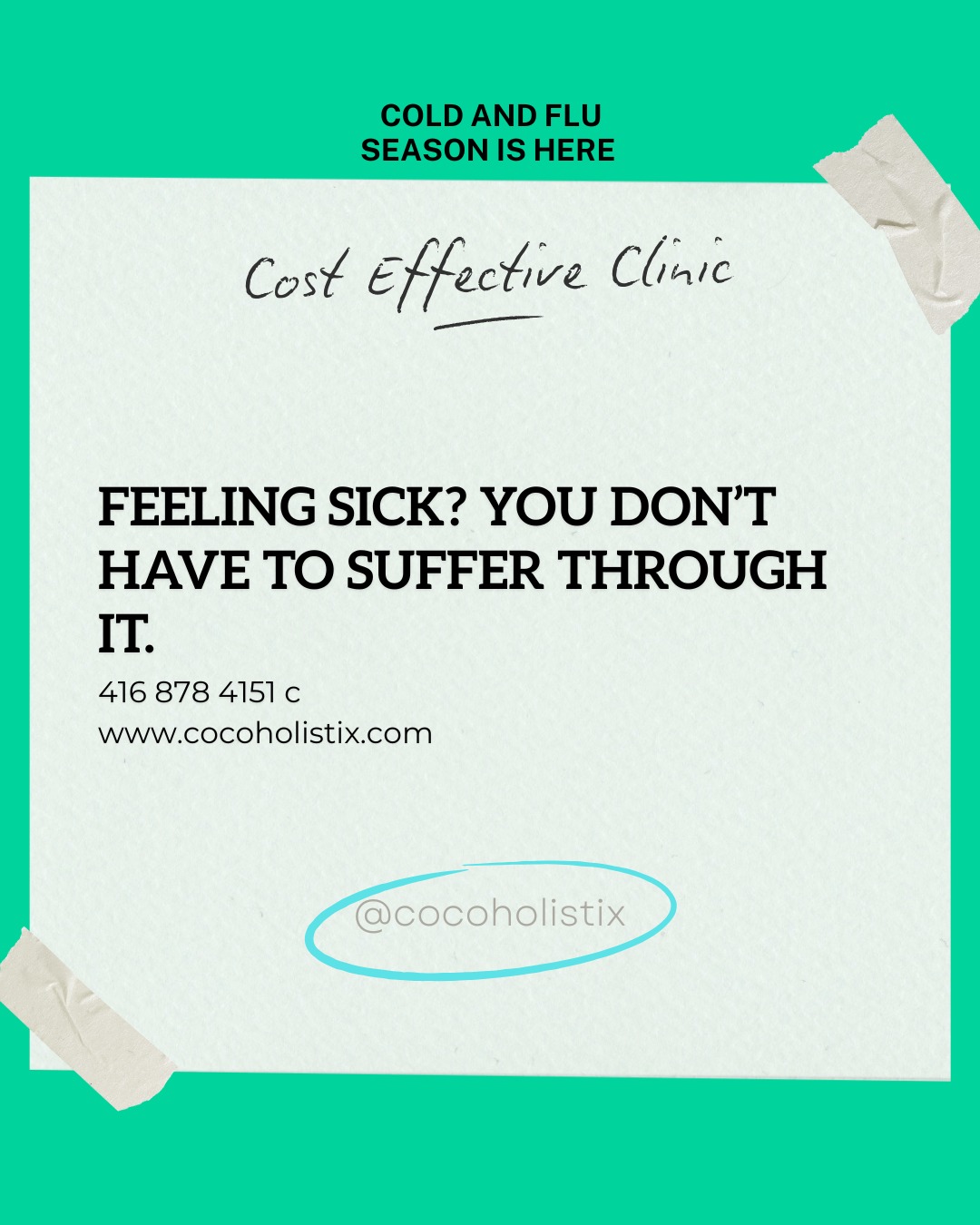 Sick today? We’ve got you.
Our Cold & Flu Clinic offers same-week appointments, natural remedies, and trauma-informed care — all at a low cost.
✨ Book your consult and your first visit is FREE.
📍 Pickering locals — let’s get you feeling better fast.
*We’re a telehealth clinic offering flexible, personalized care — designed to fit your schedule, not disrupt it*
#ColdAndFluRelief #HomeopathyClinic #AffordableWellness #PickeringHealth #HolisticHealing #NaturalRemedies #FluSeasonSupport #CocoHolistix #WellnessOnABudget #ImmuneSupport #HealingNaturally #HolisticCare #AccessibleWellness
