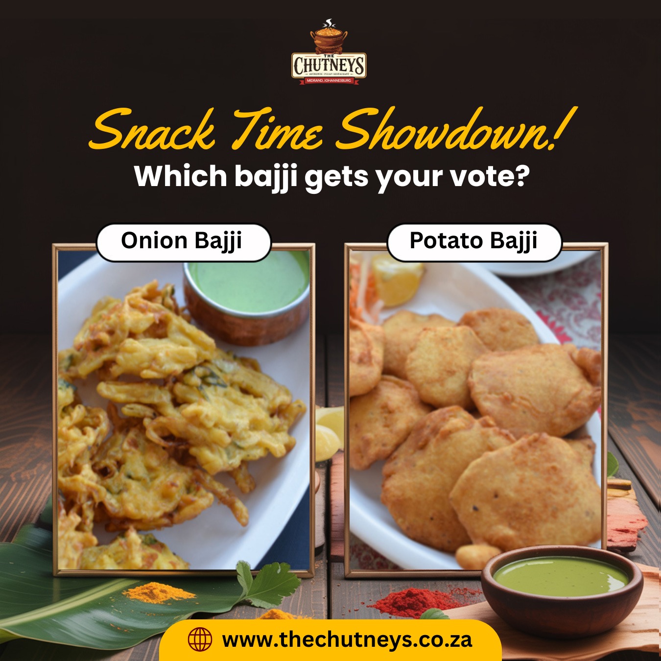 Snack time showdown! Which bajji gets your vote?
It’s tea-time snack o’clock!
Crispy, golden and oh-so-irresistible but the real question is… which bajji wins your heart?
Cast your vote!
- Potato Bajji – Classic comfort!
- Onion Bajji – Crunchy perfection!
Tell us your favorite and tag your snack buddy!
Follow us on social media for more info👇
Insta - @thechutneysrestaurant https://www.instagram.com/thechutneysrestaurant?igsh=ZXo0bzg2ZHlwcWlh&utm_source=qr
Fb - https://www.facebook.com/thechutneys
Web - https://www.thechutneys.co.za
#TheChutneys #AuthenticIndianCuisine #TasteOfIndia #FoodLoversParadise #IndianFoodie #FoodiesOfJohannesburg #MidrandEats #Potatobajji #onionbajji