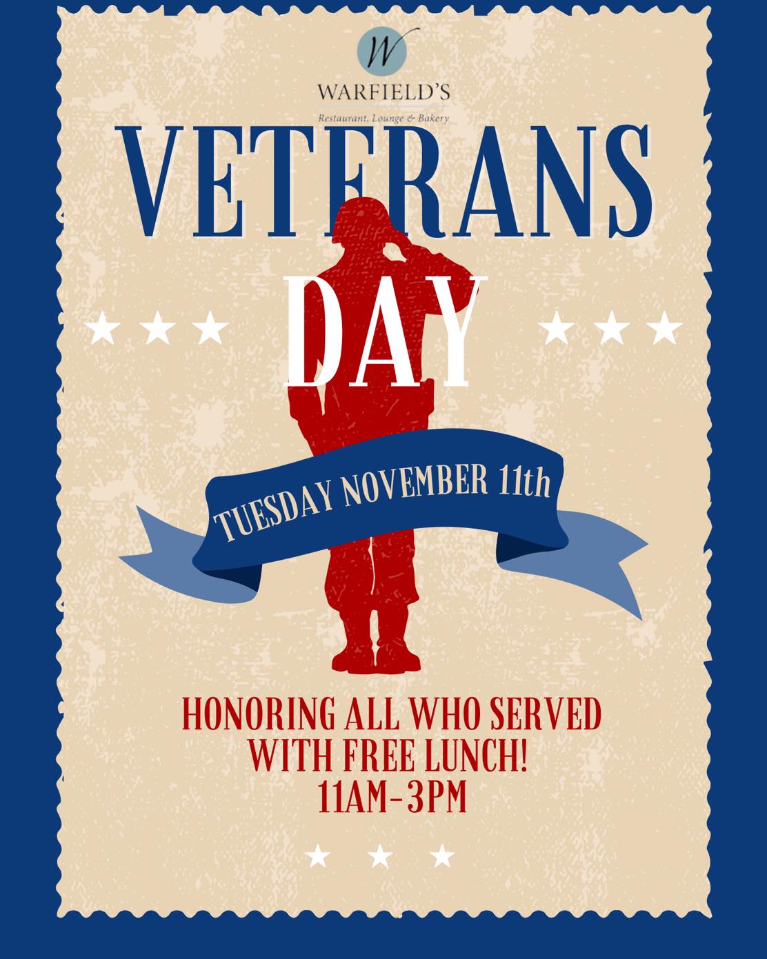 Join us TUESDAY 🇺🇸
Honoring all who served with free lunch from 11am-3pm ❤️💙
Thank you for your service 🤗