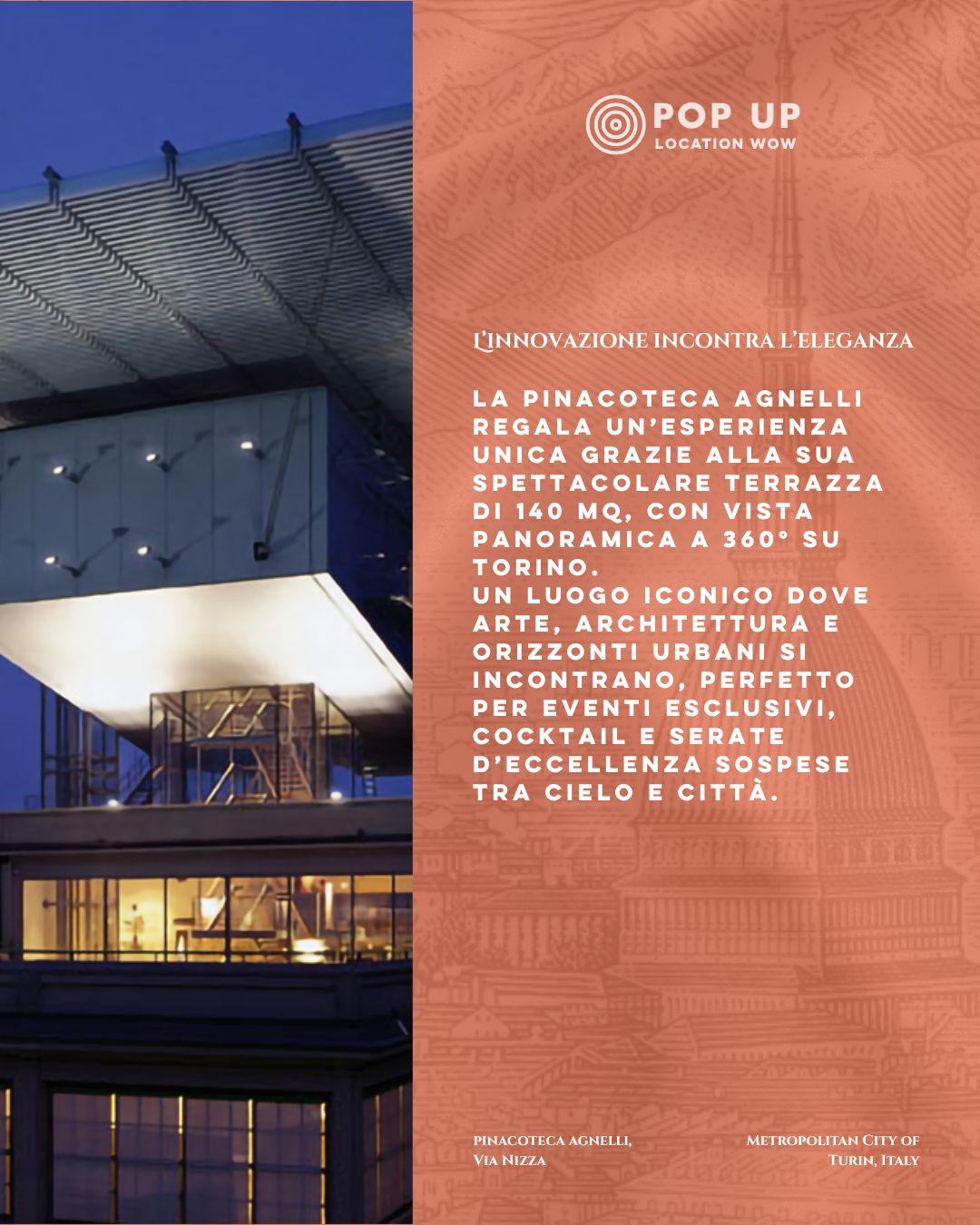Tra arte e architettura contemporanea, la Pinacoteca Agnelli ospita eventi aziendali esclusivi con vista su Torino.
Un connubio perfetto tra design, cultura e networking.
💼 Contattaci per organizzare il tuo evento corporate.
#Torino #Locationtorino #popuplocationwow #eventitorino #pinacotecaagnellitorino