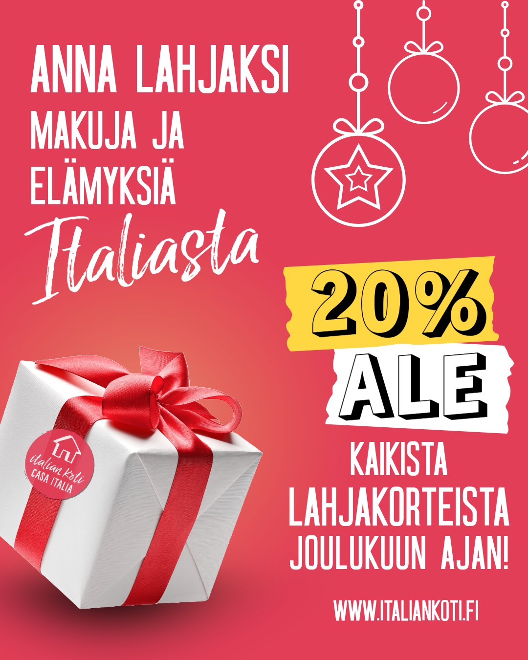 🇮🇹✨ Joulu lähestyy, mutta vielä ehdit löytää täydellisen lahjan!
Kaikki Casa Italian lahjakortit -20 % joulukuun loppuun asti.
Anna lahjaksi kurssi, pasta-elämys tai pieni pala Italiaa.
Helppo ostaa, ihana antaa! 🎄
🎁 Casa Italiasta löydät:
🍝 Kauniita pastantekovälineitä ja italialaisia keittiötuotteita
💻 Italialan verkkokursseja – opiskele omaan tahtiin!
🍷 Pasta-elämyksiä – täydellinen lahja ystävälle
🎫 Lahjakortteja – anna pala Italiaa jouluksi
👉 Tutustu valikoimaan:www.italiankoti.fi
Buon Natale ❤️
#lahjakortti #lahjaidea #italia #elämys #kurssi #joulu