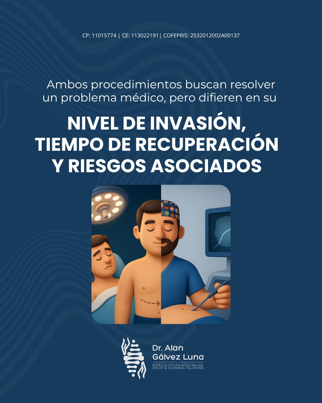 Cirugía mayor vs. procedimientos percutáneos: ¿cuál necesitas realmente?
En Medicina del Dolor, no todos los casos requieren una cirugía mayor. Muchos padecimientos pueden tratarse con procedimientos percutáneos, técnicas mínimamente invasivas que permiten actuar directamente sobre la causa del dolor con menos riesgo, menor recuperación y mejores resultados funcionales.
La clave está en una valoración precisa que determine cuándo un procedimiento percutáneo es suficiente y cuándo una cirugía mayor es verdaderamente necesaria.
👨⚕️ Dr. Alan Valente Gálvez Luna
Medicina del Dolor y Algología
📍 Plaza Cititower, Guadalajara, Jal.
📍 Cráter 10, Guadalupe, Zac.
📲 Guadalajara: +52 1 33 4675 6141
📲 Zacatecas: +52 1 492 268 8645
🆔 Céd. Prof. 11015774 | Céd. Esp. 13022191
🧾 COFEPRIS Santa Fe: 2532012002A00137 | COFEPRIS GDL Instituto ION: 2514102002A00839
