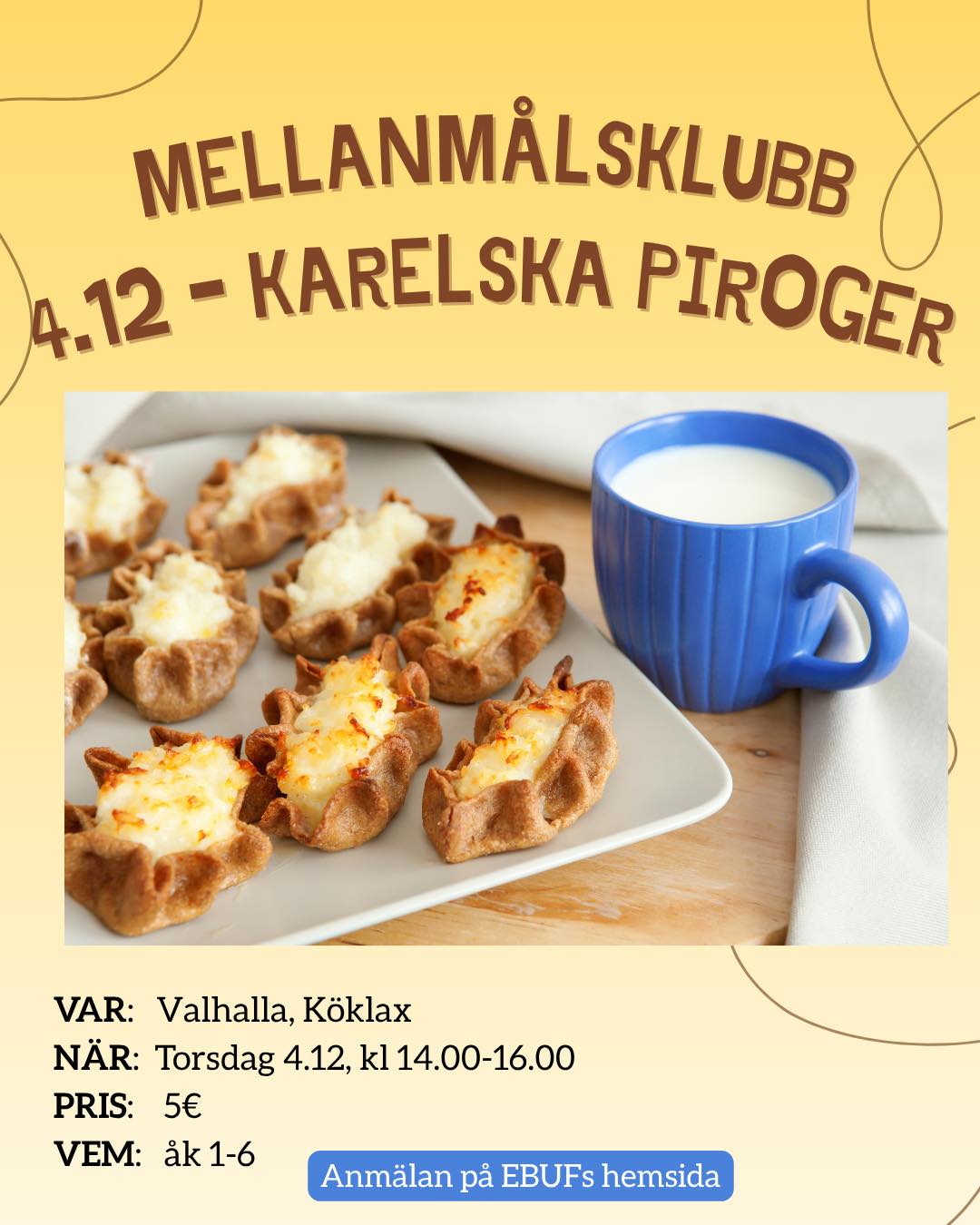 Mellanmålsklubben ordnas för barn i åk 1-6 i Köklax i uf-huset Valhalla den 4.12. Denna gång får barnen lära sig att laga karelska piroger!🥟🥣
Anmälan på ebufs hemsida, ebuf.org
#ebuf #esbo #köklax #matlagningskurs