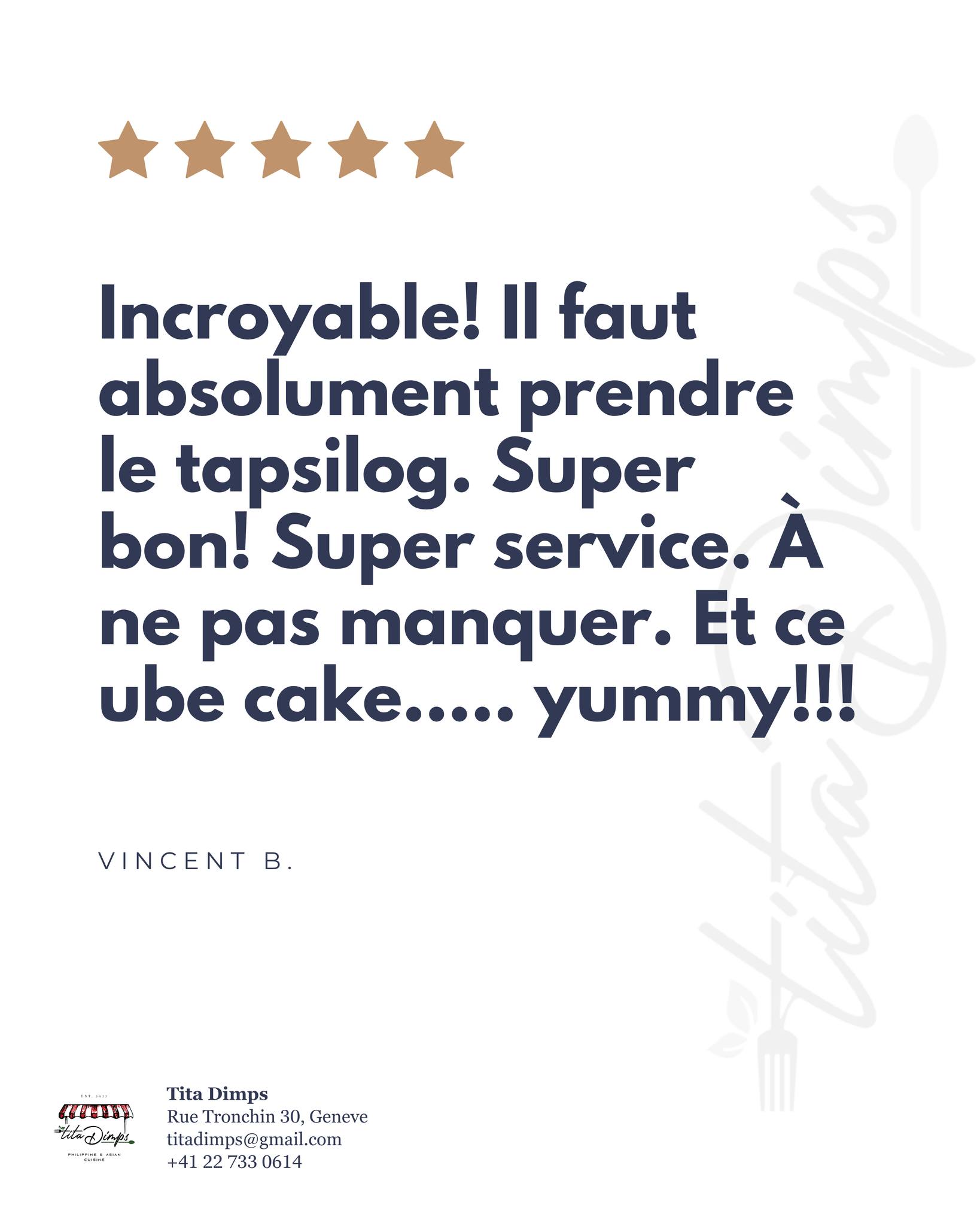Merci beaucoup! 😍
We grow through your stories. Share your Tita Dimps experience on Google Reviews and let us know what made it special! 🍽️