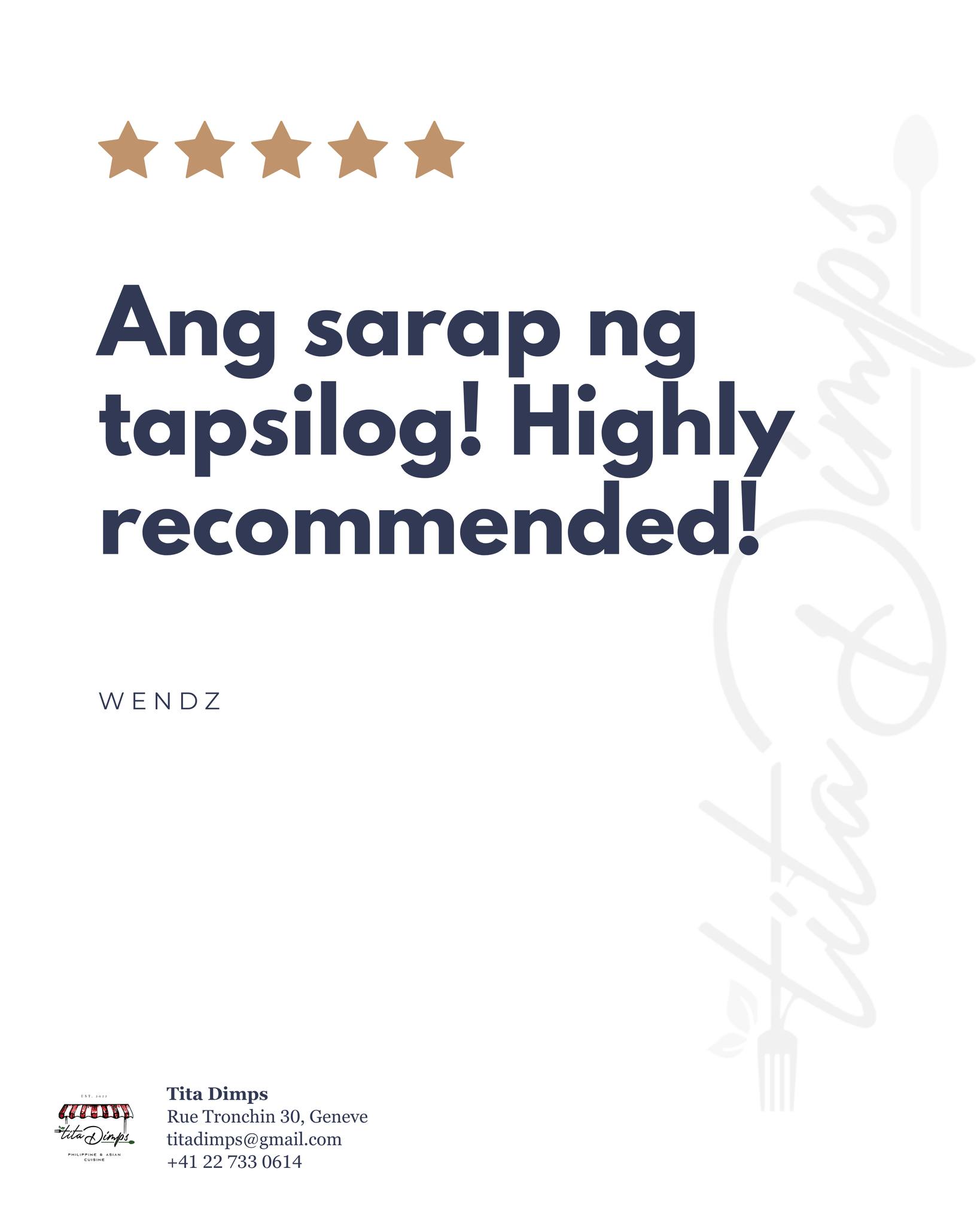 Maraming salamat po! 🥰
We grow through your stories. Share your Tita Dimps experience on Google Reviews and let us know what made it special! 🍽️
