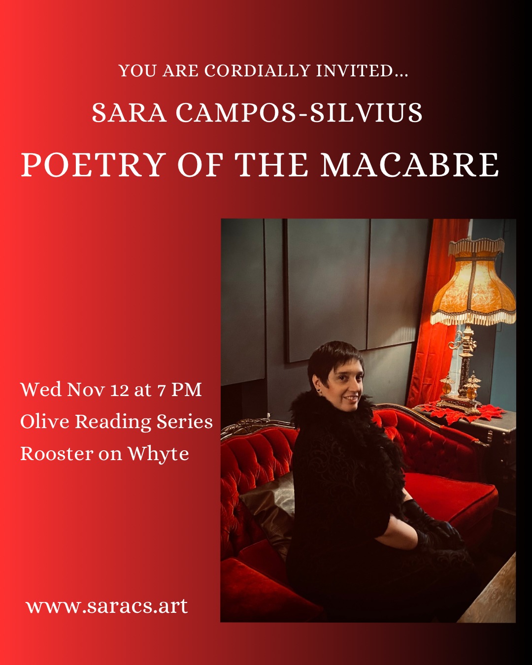 One of our members is reading some of their writing tomorrow evening! If you saw Sara Campos-Silvius at our Connections show in 2024, you know you're in for a treat!
Olive Reading Series | Featuring Marco Melfi & Sara Campos-Silvius
Wednesday November 12 @ 7 pm
Rooster Kitchen (10732 82 Avenue, Edmonton, AB)
Free
#disableddancer #neurodivergent #mobility #everybodycandance #integrated #accessinthearts #collaboration #collective #cripart #madart #poetry #roosteronwhyte #yeg
ALT TEXT: Sara is dressed all in black, complete with gloves and a boa. They are sitting on a red couch and beside the couch is a small table with a red cloth and an antique lamp that is on.
