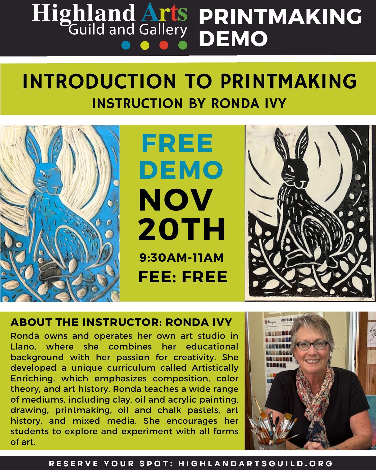 🎨 Ever wanted to try printmaking? Join artist Ronda Ivy for a free, hands-on demonstration on November 20 from 9:30–11:00 AM in Marble Falls! Learn the basics, explore the history, and create your own 4”x6” print to take home.