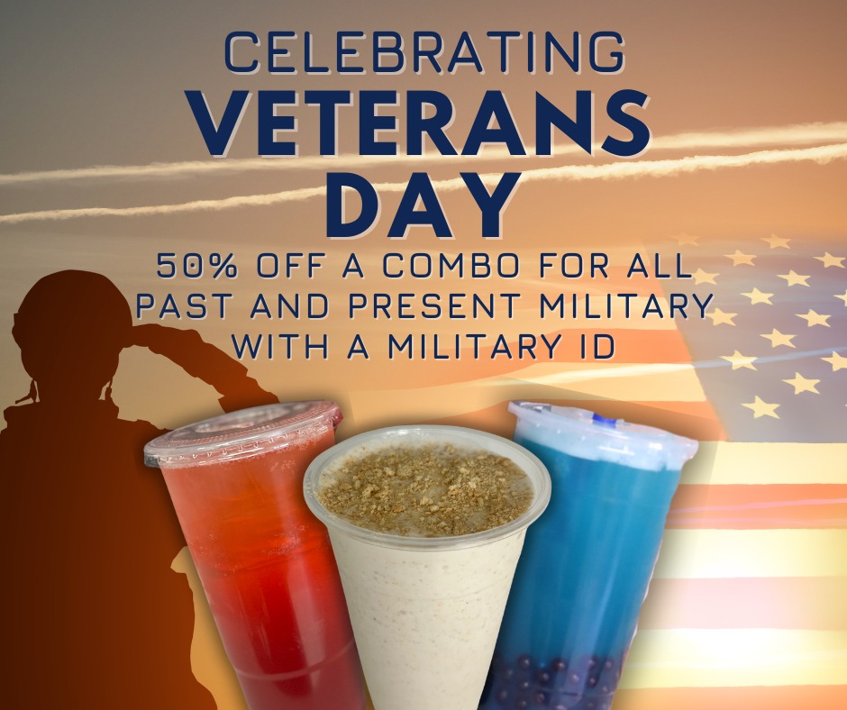 🇺🇸 Honoring Those Who Served 🇺🇸
This Veterans Day, we’re saying thank you in the best way we know how, with something delicious.
Veterans & Active Military:
Enjoy 50% off any shake + tea combo on November 11 when you show your military ID.
It’s a small gesture for those who have given so much.
Stop in, refuel, and let us serve you today.
We appreciate your service and sacrifice.
Today and every day.