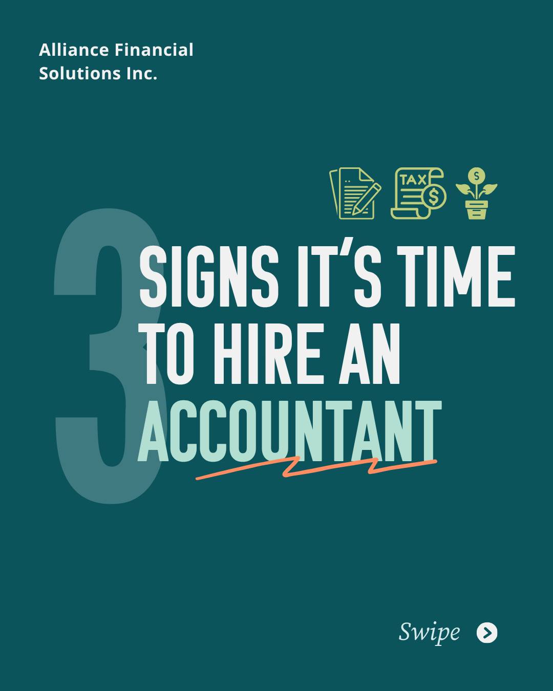 Managing your own finances can only take you so far and at some point, DIY bookkeeping just doesn’t cut it anymore. 💡
Swipe through to see 3 signs it’s time to hire an accountant and how partnering with a professional can save you time, stress, and money in the long run.
👉 Whether you’re growing your business, feeling overwhelmed by tax season, or simply ready to get organized, we’re here to help you make confident financial decisions.
🔗 Learn more at alliancefinancialinc.com