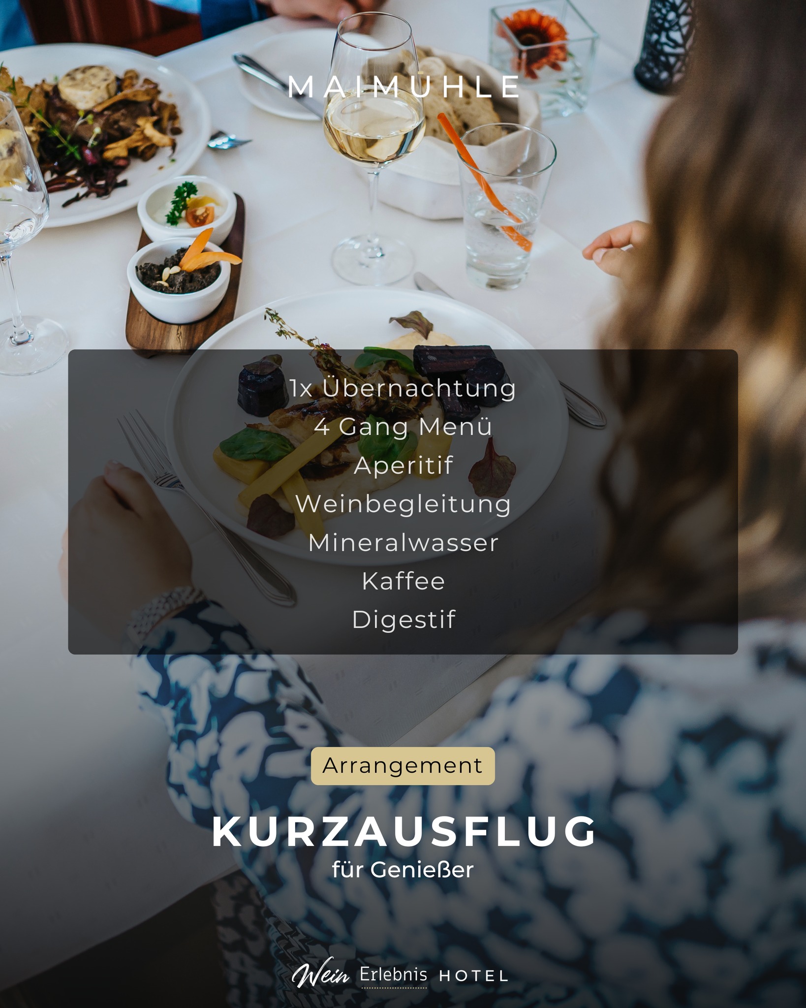 Kurzausflug für Genießer
Für alle, die nicht lange wegfahren müssen, um gut anzukommen.
Eine Nacht bei uns – ein Abend voller Geschmack, Wein und Ruhe.
4 Gänge. Ausgewählte Weine. Kein Blick auf die Uhr.
Zeit für euch.
Für Paare, die Zeit zu zweit brauchen.
Für Menschen, die nicht weit reisen wollen.
Für Geburtstage, kleine Jubiläen, besondere Momente.
Einfach für alle, die sich wieder etwas Schönes gönnen wollen.
https://www.maimuehle.de/kurzausflug