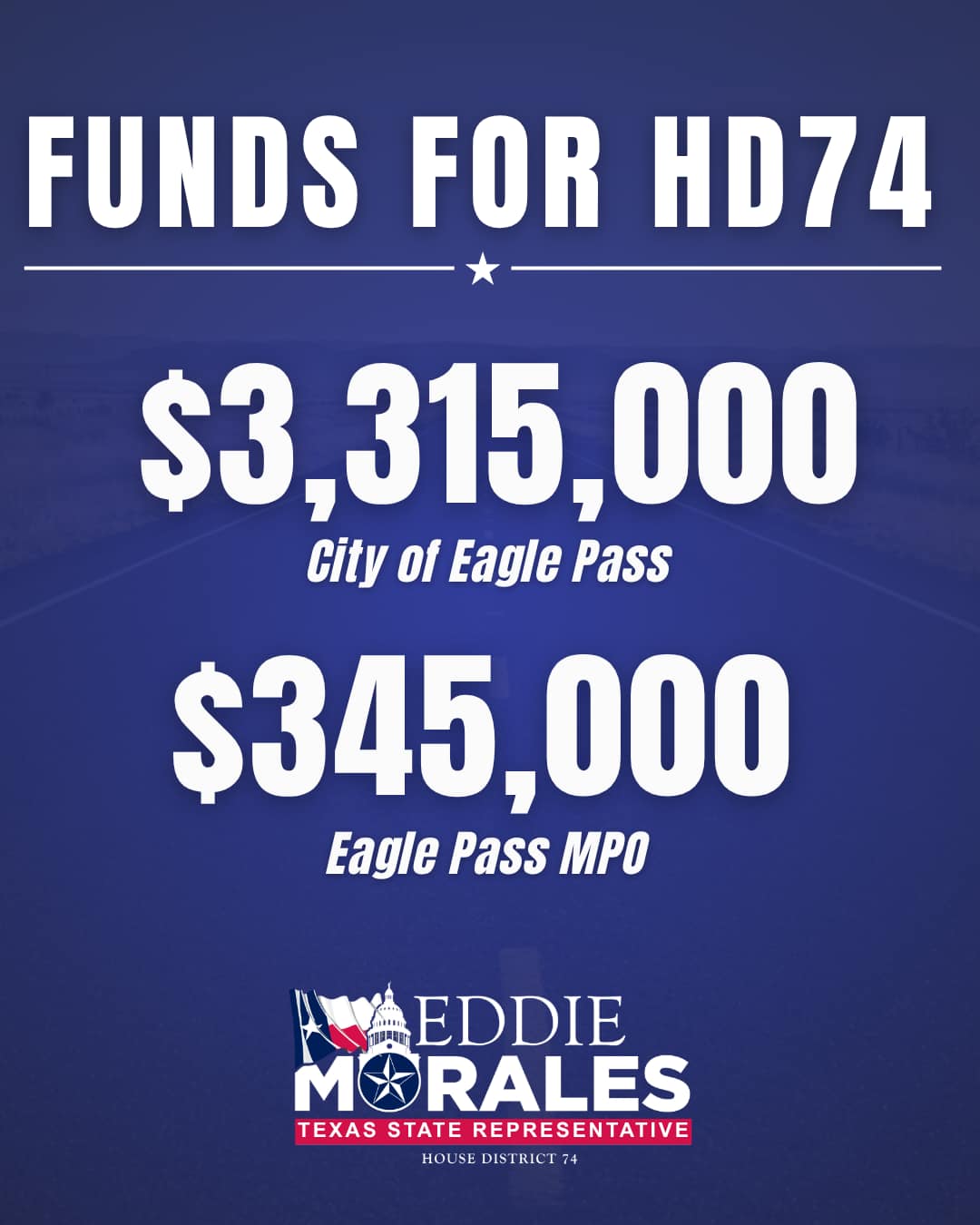 Working closely with Mayor Valdez and City Council, I am proud to share TXDOT has officially awarded the City of Eagle Pass $3,315,000 and an additional $345,000 for the Eagle Pass MPO.
With our strong relationship, we will continue working and building up our infrastructure and support our communities.