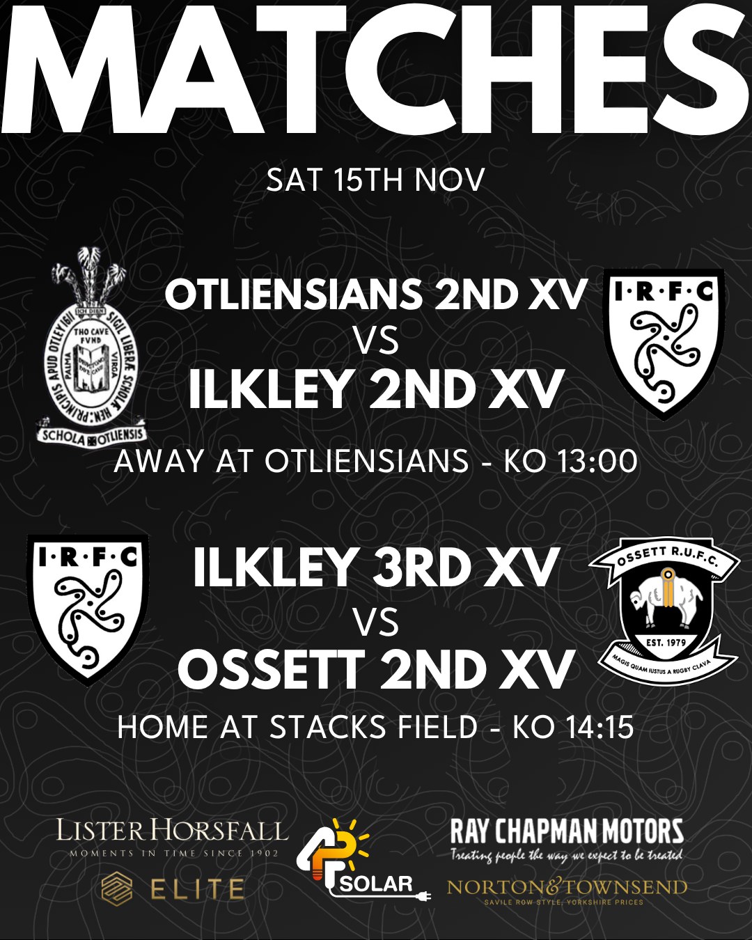 A busy afternoon ahead this Saturday as both the 2nd and 3rd XV have matches whilst our 1st XV have a break week.
There has been a change in fixture for the 2nd XV and they now have a friendly arranged with Otliensians away with an early kick off at 13:00.
Back at Stacks Field, the 3rd XV host Ossett in their league match with kick off at 14:15.
Saturday 15th November
Otliensians 2nd XV vs Ilkley 2nd XV - Away at Otliensians - Friendly - KO 13:00
Ilkley 3rd XV vs Ossett 2nd XV - Home at Ilkley - League - KO 14:15
#uptheilk #irfc #ilkley #100percentilk #COYD #rugby #ilkleyrugbyclub #ilkleyrugby