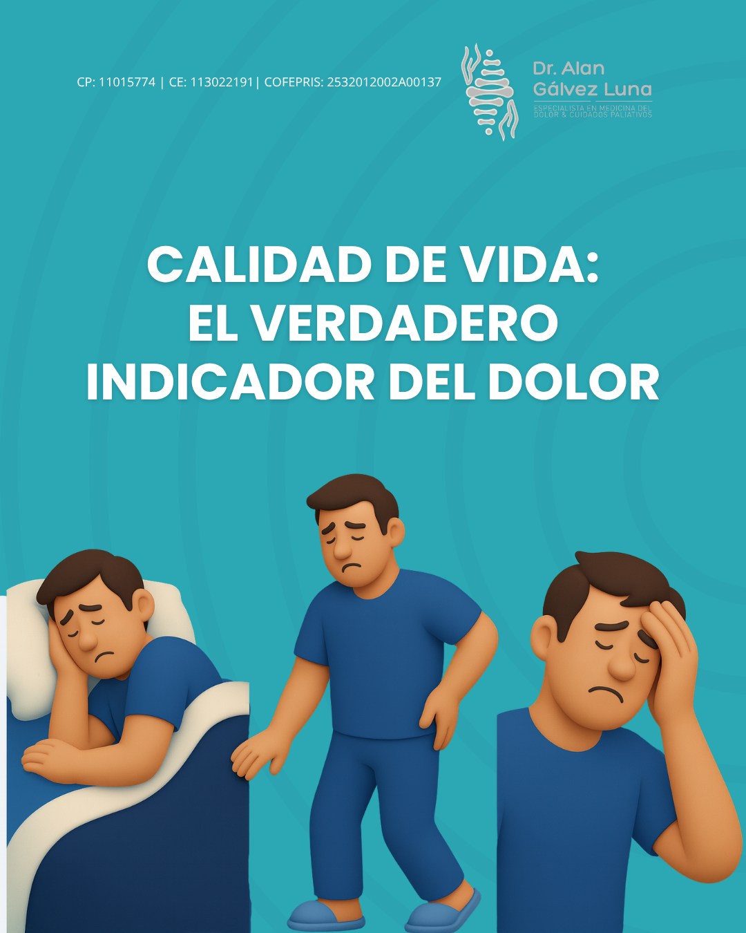 “El dolor no solo se mide por su intensidad, sino por todo lo que limita. 💭”
Afecta el movimiento, altera el descanso y cambia el estado emocional de quien lo padece.
Por eso, tratar el dolor no es solo aliviar un síntoma, sino recuperar equilibrio, movilidad y bienestar. 🩺
👨⚕️ Dr. Alan Valente Gálvez Luna
Medicina del Dolor y Algología
📍 Plaza Cititower, Guadalajara, Jal.
📍 Cráter 10, Guadalupe, Zac.
📲 Guadalajara: +52 1 33 4675 6141
📲 Zacatecas: +52 1 492 268 8645
🆔 Céd. Prof. 11015774 | Céd. Esp. 13022191
🧾 COFEPRIS Santa Fe: 2532012002A00137 | COFEPRIS GDL Instituto ION: 2514102002A00839