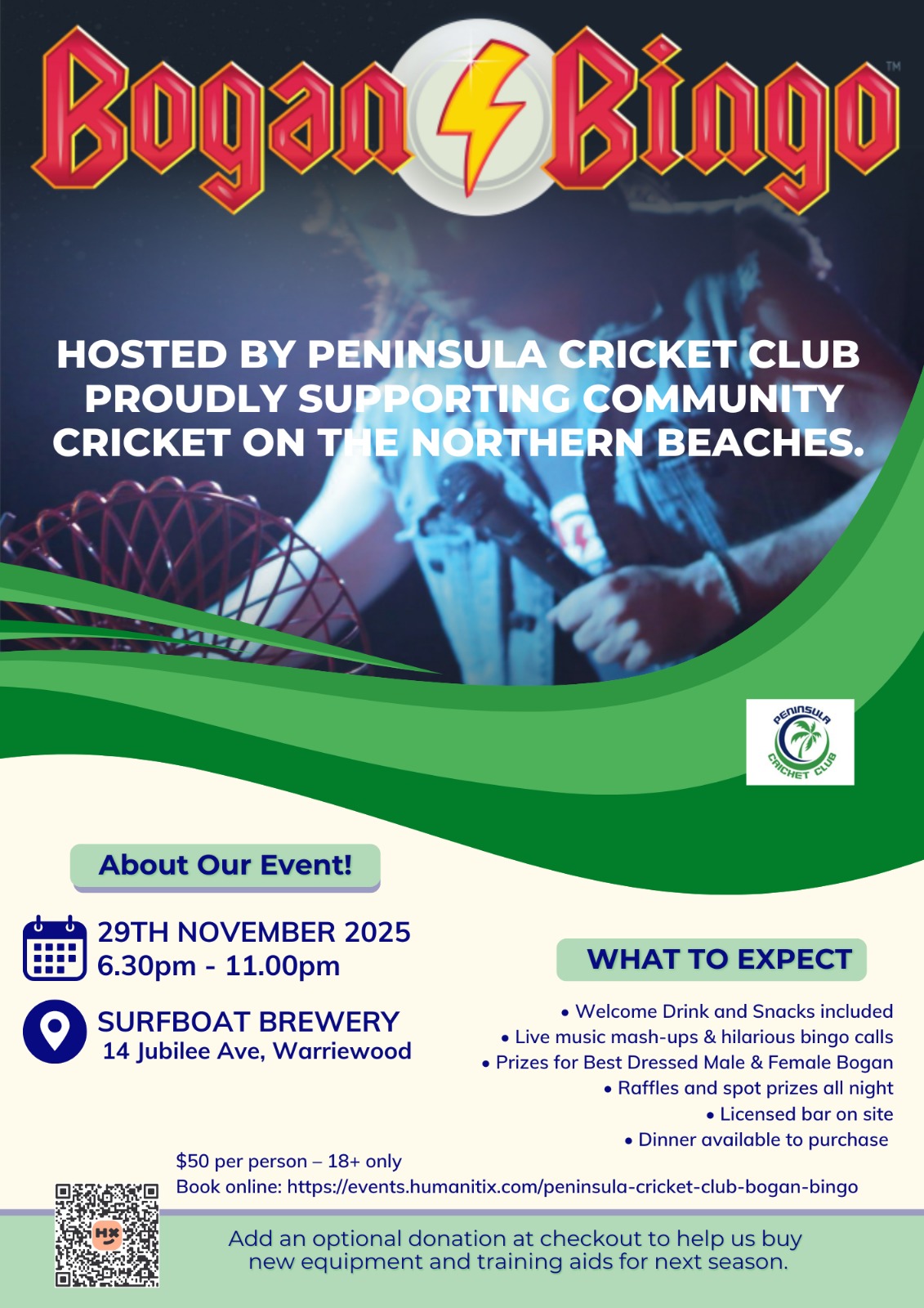 Alright cricket fam
Reminder that Bogan Bingo is coming up and we still have tickets to fill! The more we raise, the better gear every team gets this season. Think: new kitbags, decent stumps, balls that don’t disintegrate on impact, and bats that aren’t older than our kids.
Come have a laugh, a drink, some wildly questionable singalongs, and meet the legends you stand next to every Saturday.
Tickets here: https://events.humanitix.com/peninsula-cricket-club-bogan-bingo
Bring your mates. Bring your neighbours. Bring your loudest bingo voice.
Let’s make this a big one for the kids.