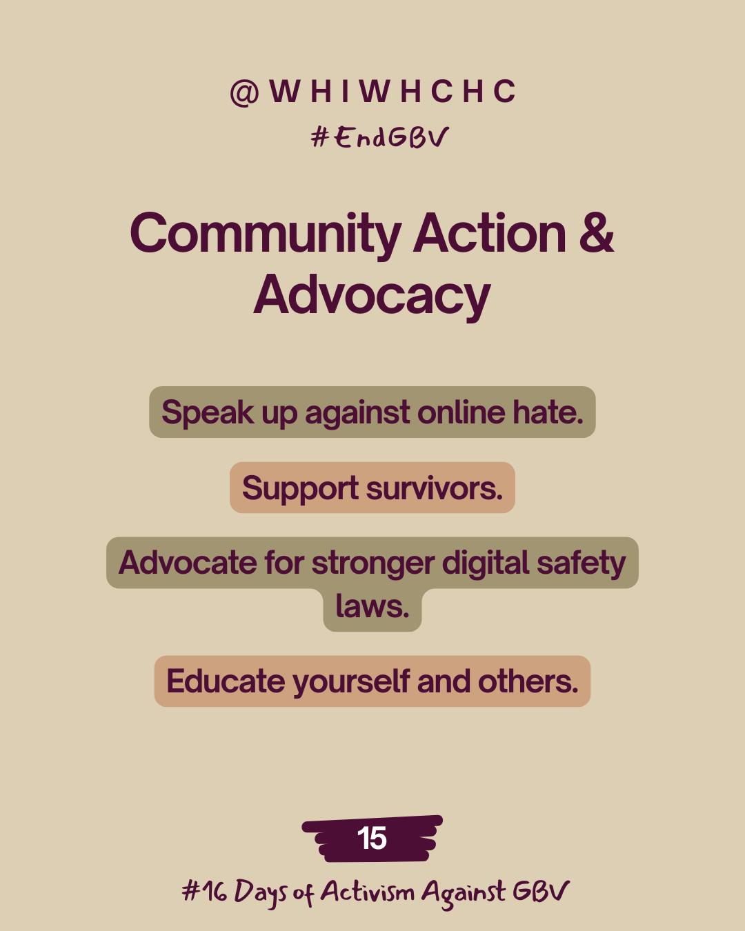Change begins with action! Every action — big or small — can make a difference. Speak up when you see online harassment, support survivors, advocate for stronger digital safety laws, and help raise awareness in your community.
🔶 Ending gender-based violence starts with all of us.
#16DaysofActivismAgainstGenderBasedViolence #WHIWHagainstGBV #EndGBV #UnitedToEndGBV