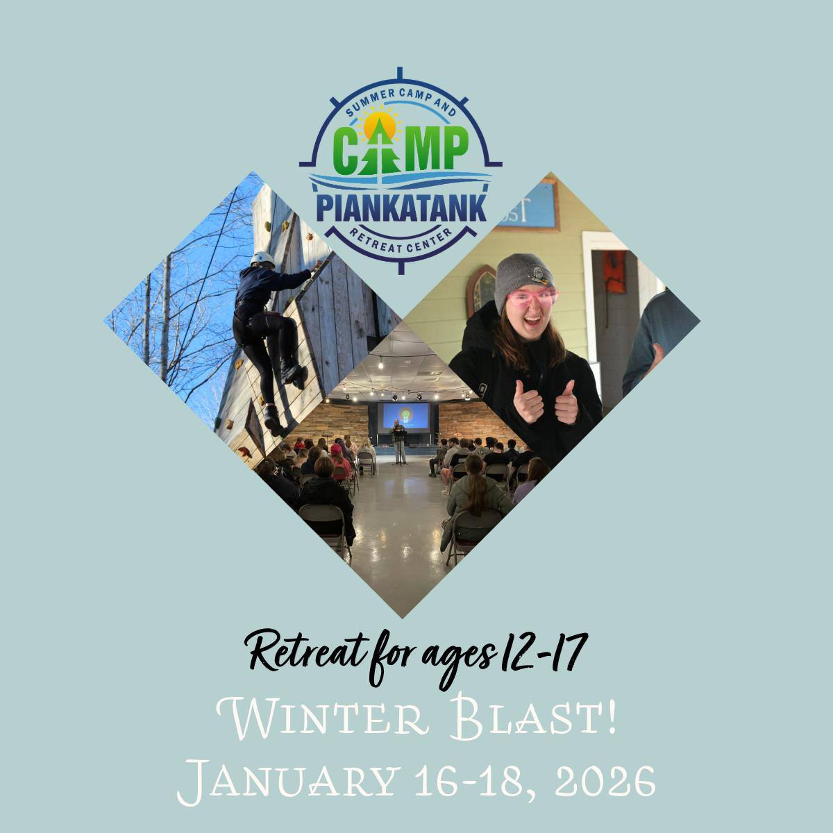 Some fun memories of Winter Blasts of the past to remind you to sign up for Winter Blast 2026! All of fun of summer camp, without the heat. January 16-18, a retreat for ages 12-17. Come on your own and make friends when you get here, or start planning now to bring a group of buddies. Campers are supervised by our awesome summer camp counselors and directors.
Plus, check out the shirt design for Winter Blast. Our theme REVIVED is based on Ephesians 2:4-5.
Cost is $150- this includes the full program and 5 meals.