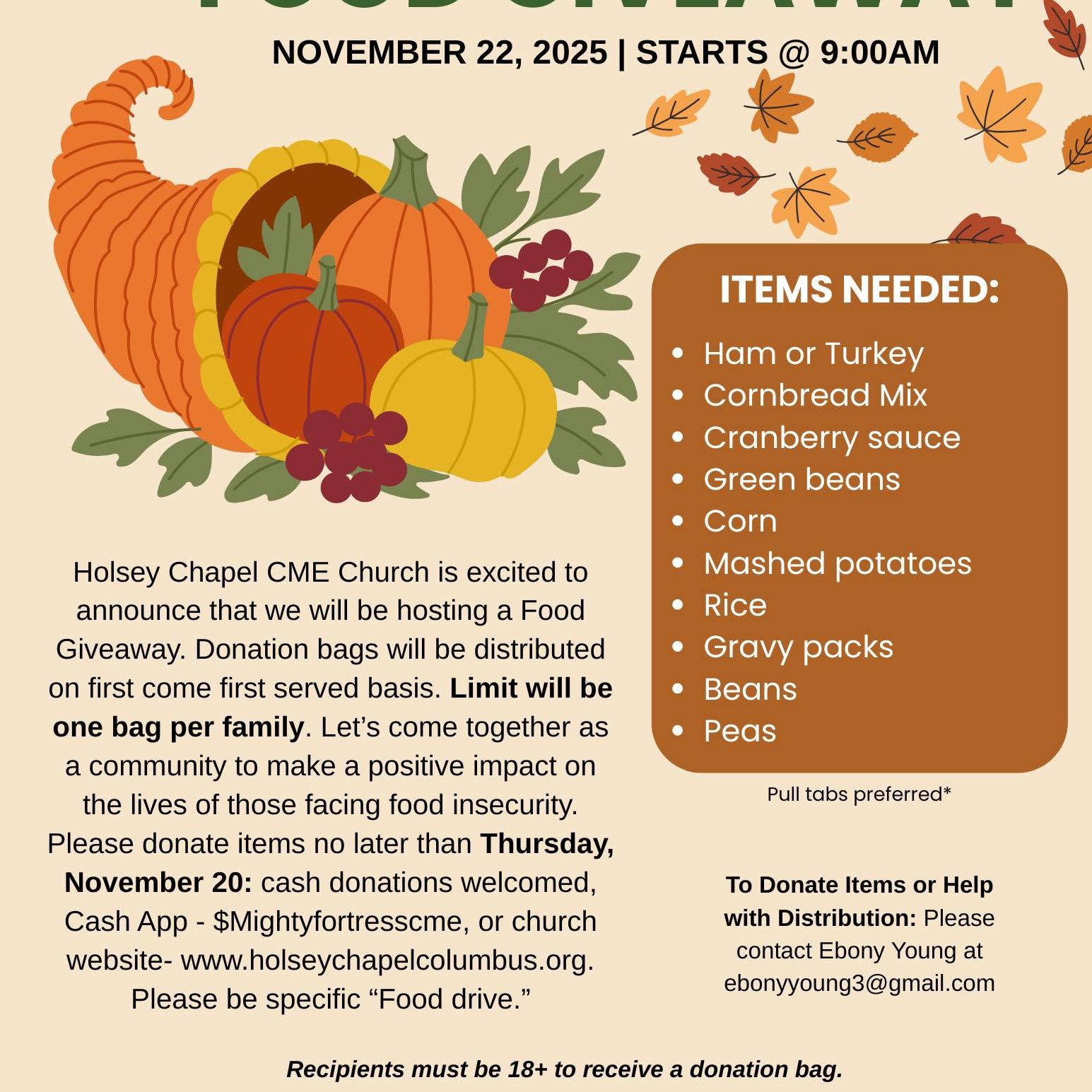 The Columbus Metropolitan Alumnae Chapter is proud to support the Holsey Chapel CME Church Holiday Food Giveaway, Saturday, November 22, 2025, 9:00 a.m., 718 8th St., Columbus, GA 31901. If you would like to donate, please bring food items to Holsey Chapel CME Church no later than Thursday, November 20, 2025. Monetary donations can be mailed, brought to the church, or sent through the church Cash App or website. Please make sure to specify that your gift is for the "food drive."
#CMACimpact #PurposefulPartnerships #foodgiveaway