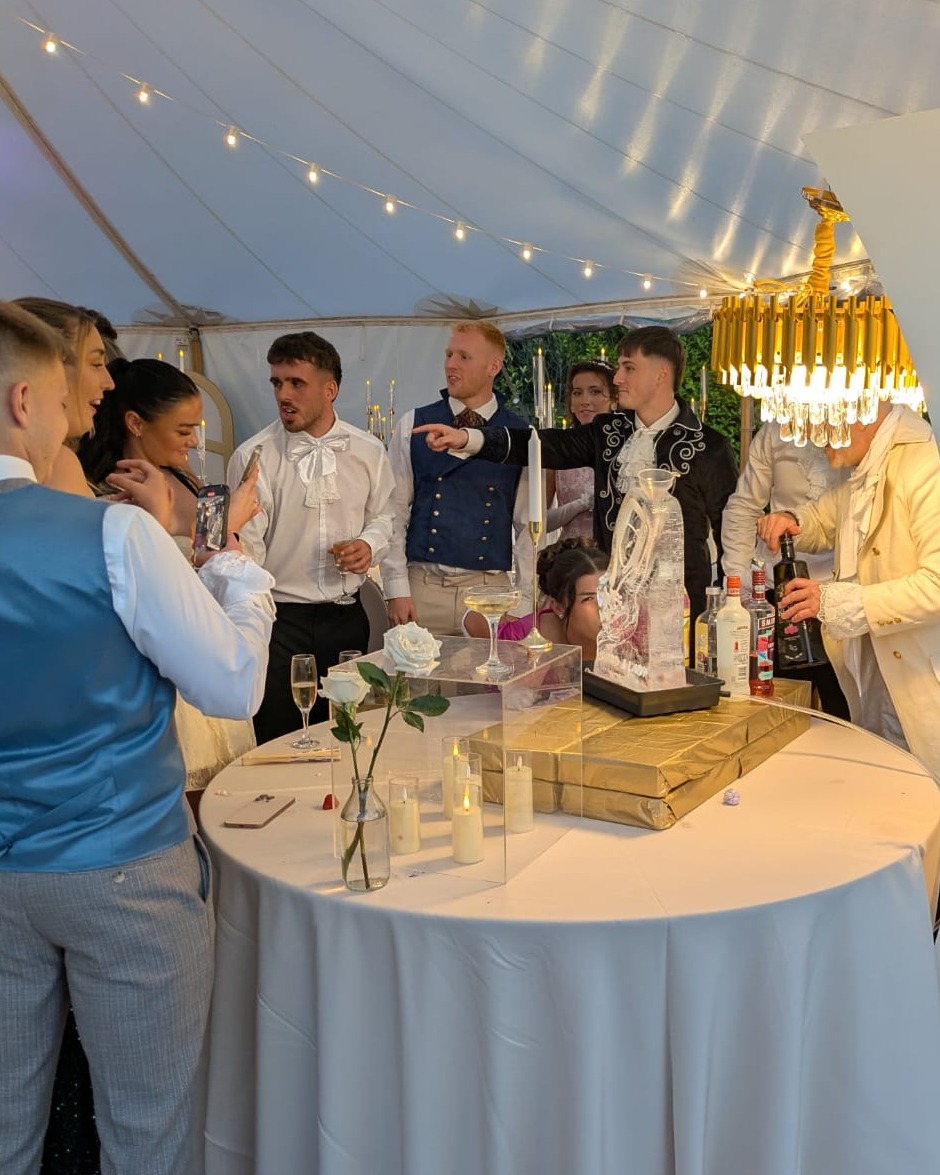 An Ice Luge — dear readers, it is just silly enough to become the talk of the evening. Self-service bottles, ice-cold shots, and hours of merriment ensued! 🍾❄️
Pair this frivolity with a Bridgerton-themed affair, and one finds oneself in the midst of quite the scandal… the sort only whispered about in the finest drawing rooms.
Yours truley
Lady Whistledown
